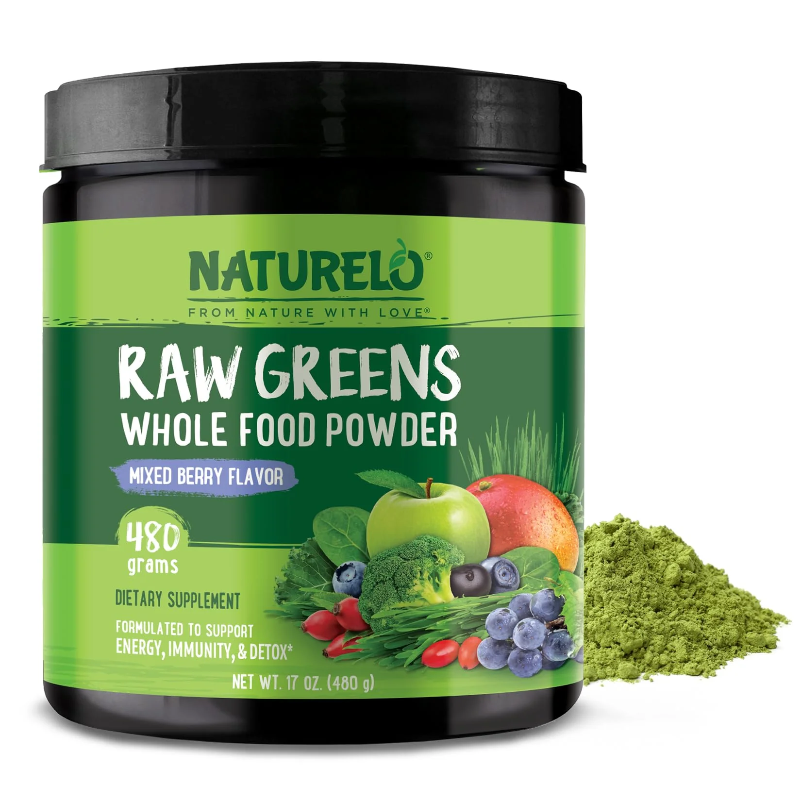NATURELO Raw Greens Powder – Mixed Berry, 480 g | Energy, Immunity & Detox Support - Image 9