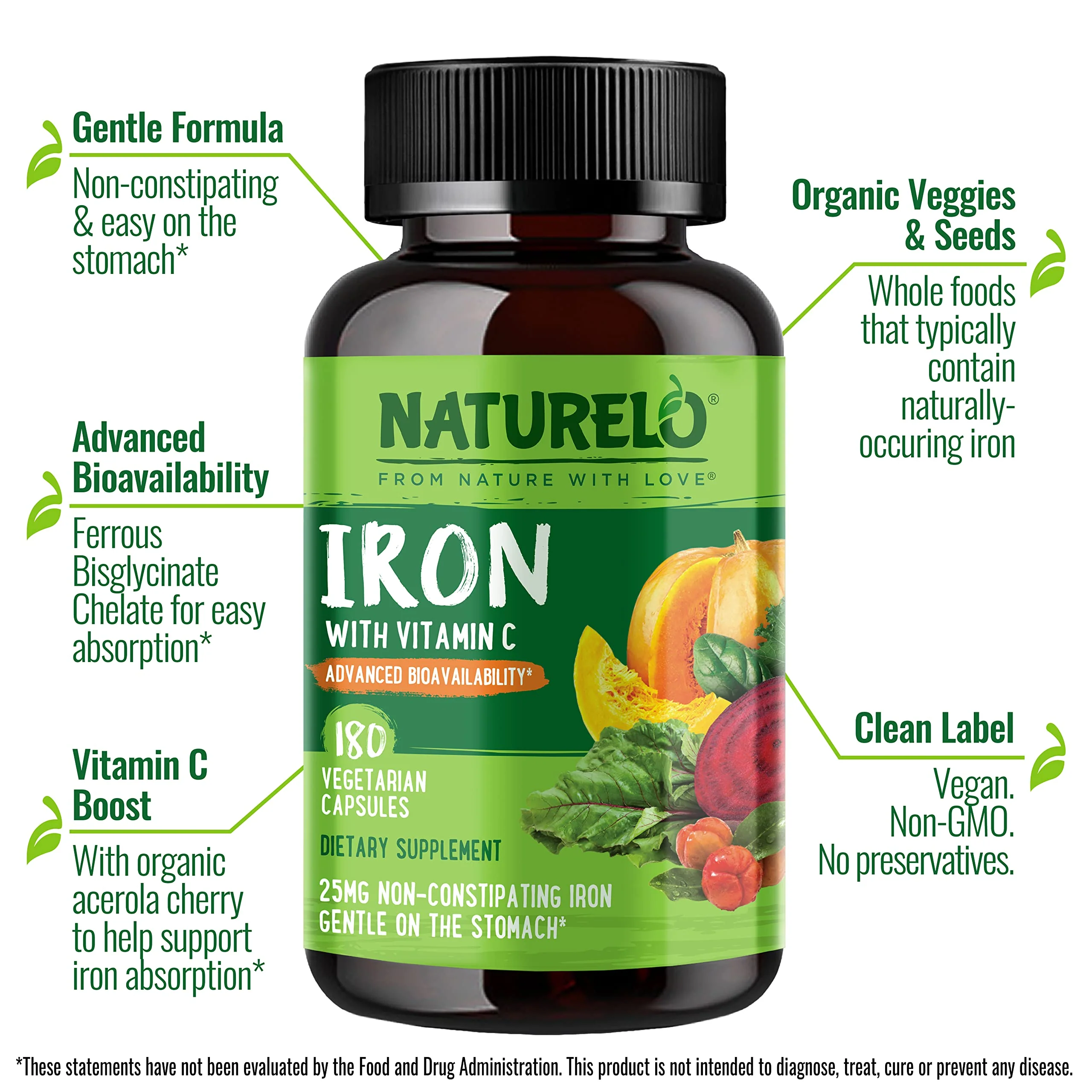 NATURELO Vegan Iron Supplement with Vitamin C | Gentle Ferrous Bisglycinate - Image 2