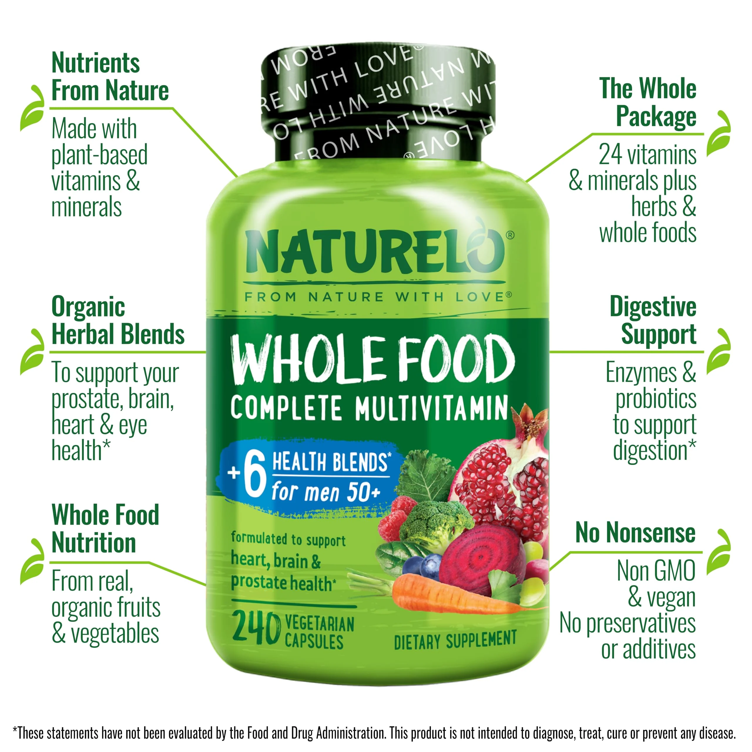 NATURELO Whole Food Multivitamin for Men 50+ – Plant-Based, 240 Capsules - Image 2