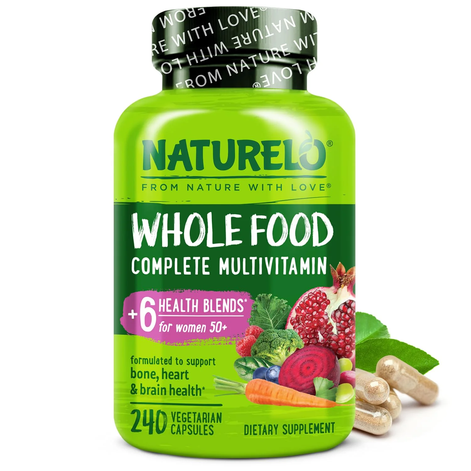 NATURELO Whole Food Multivitamin for Women 50+ – Iron Free, Plant-Based