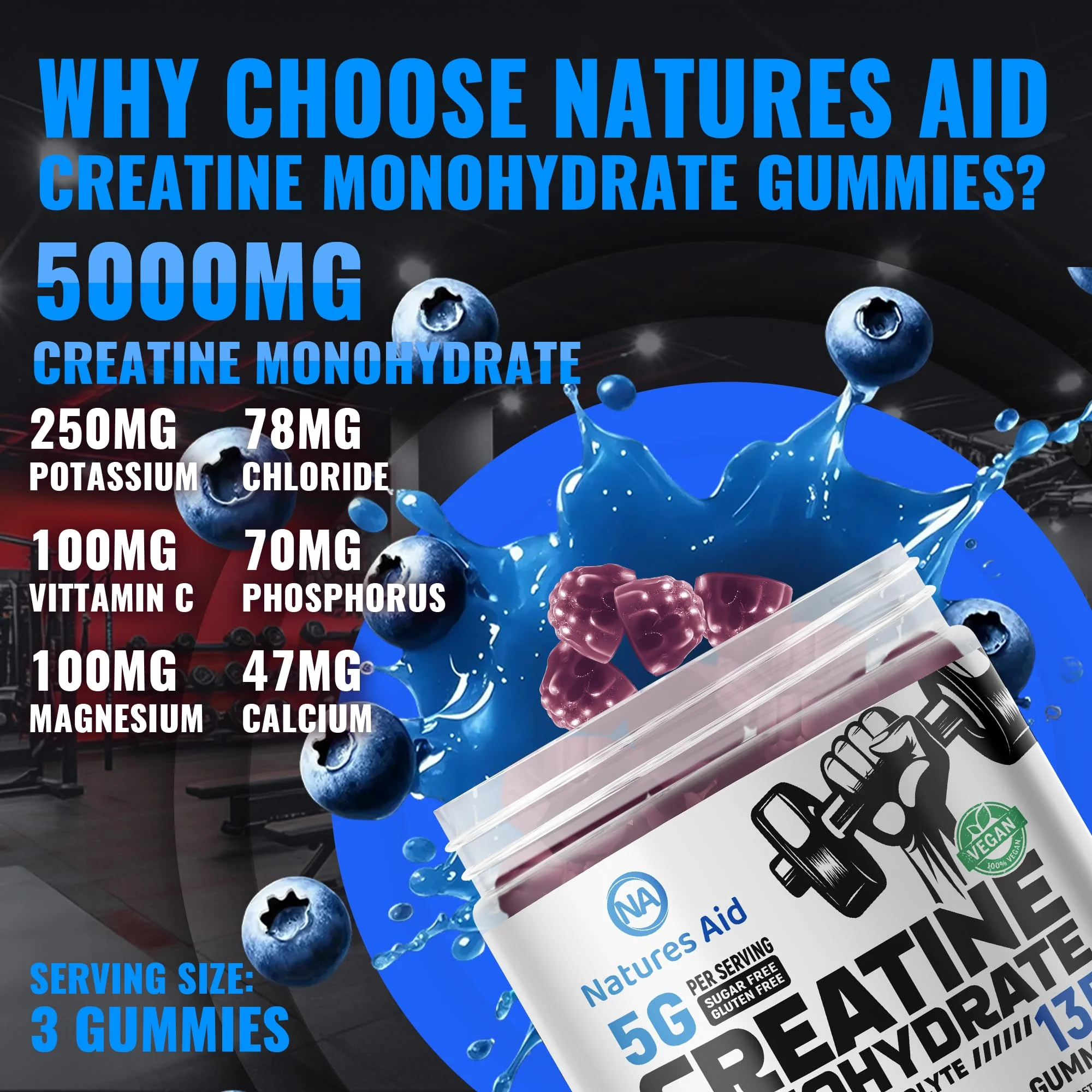 Natures Aid Creatine Monohydrate Gummies (5g) – Blueberry Electrolyte, 135 Count | Vegan & Sugar-Free - Image 2