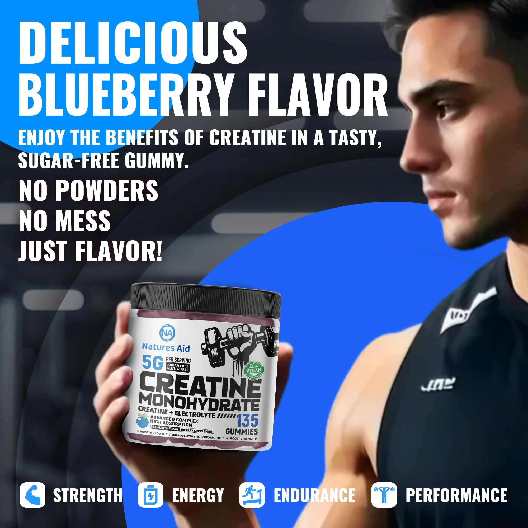 Natures Aid Creatine Monohydrate Gummies (5g) – Blueberry Electrolyte, 135 Count | Vegan & Sugar-Free - Image 4