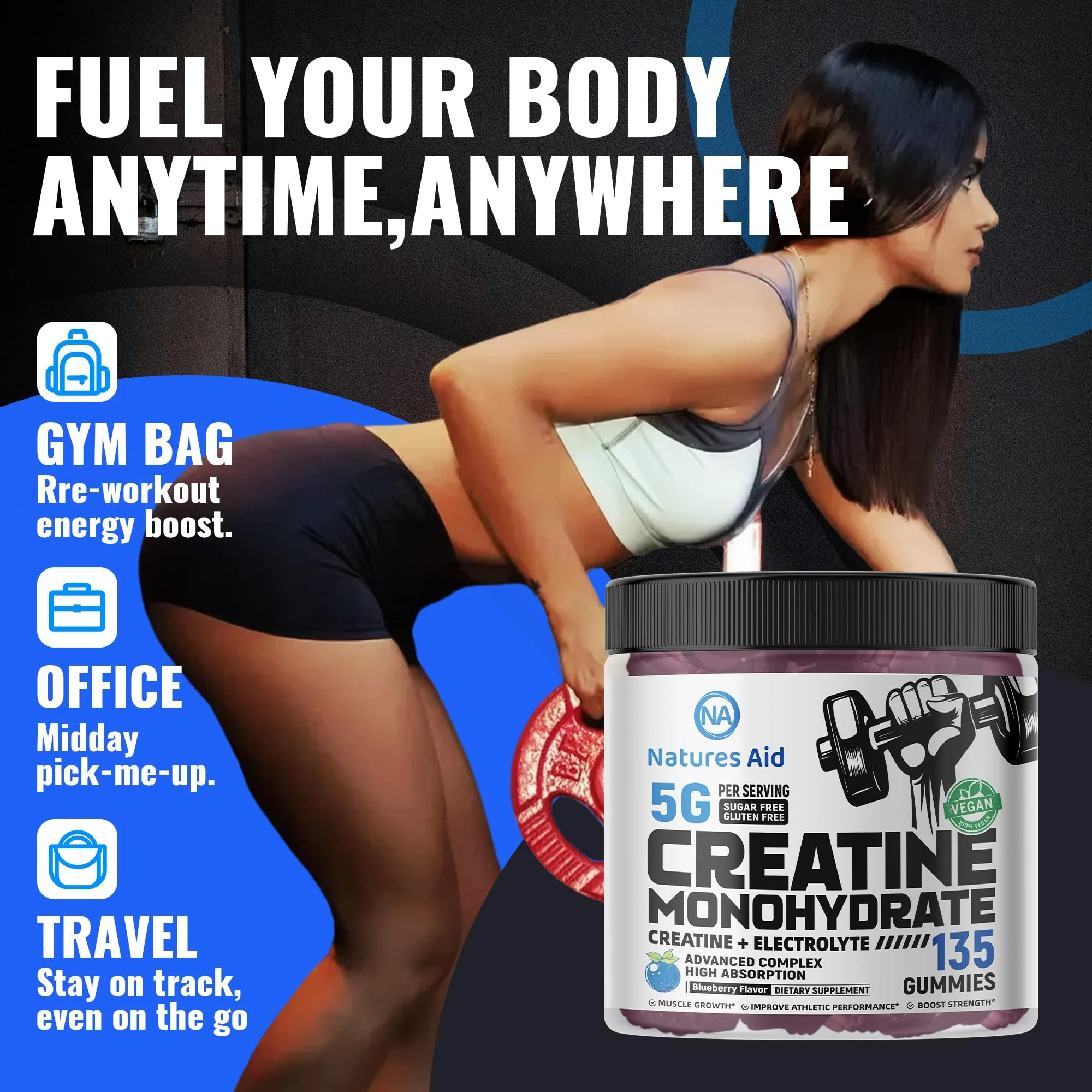 Natures Aid Creatine Monohydrate Gummies (5g) – Blueberry Electrolyte, 135 Count | Vegan & Sugar-Free - Image 5