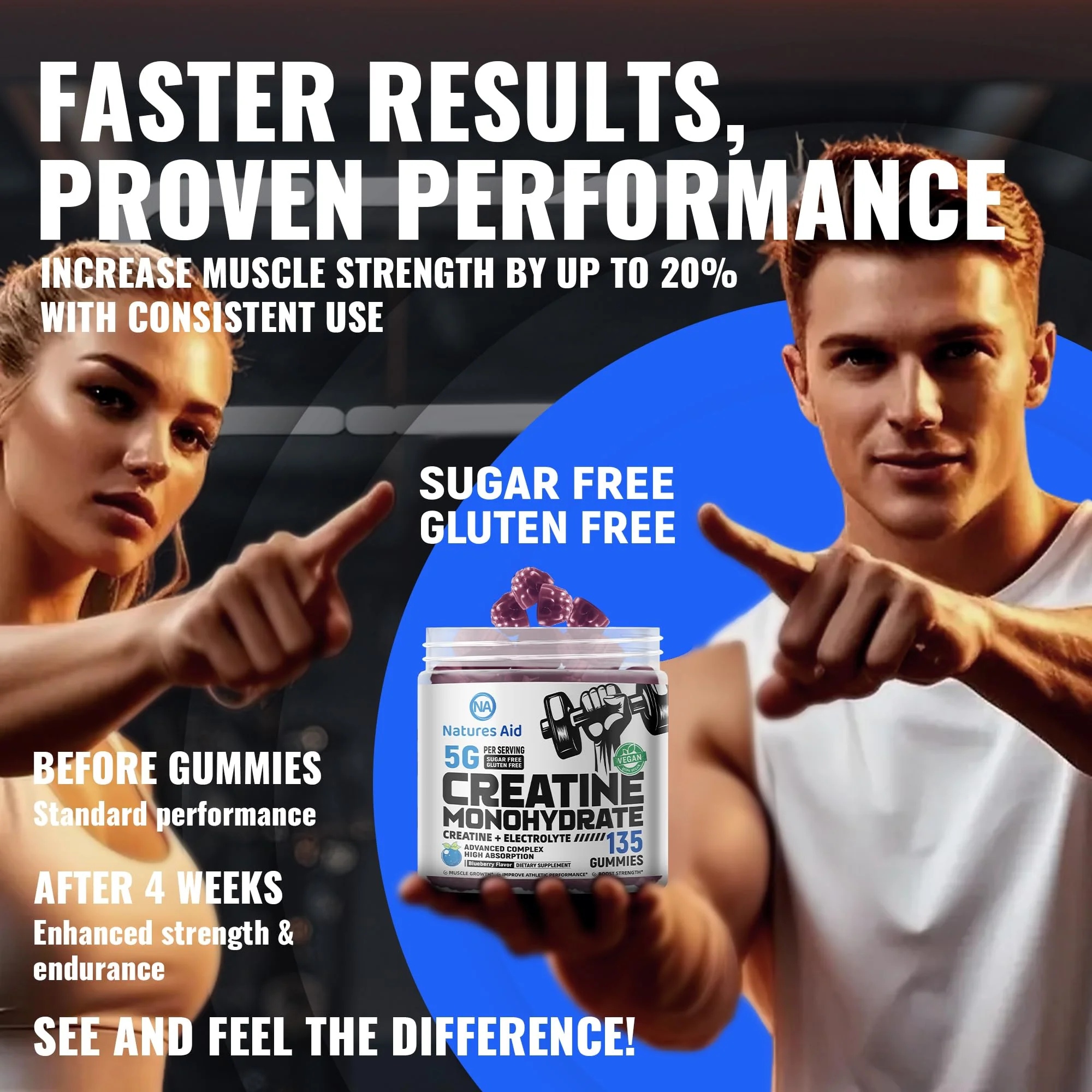 Natures Aid Creatine Monohydrate Gummies (5g) – Blueberry Electrolyte, 135 Count | Vegan & Sugar-Free - Image 6