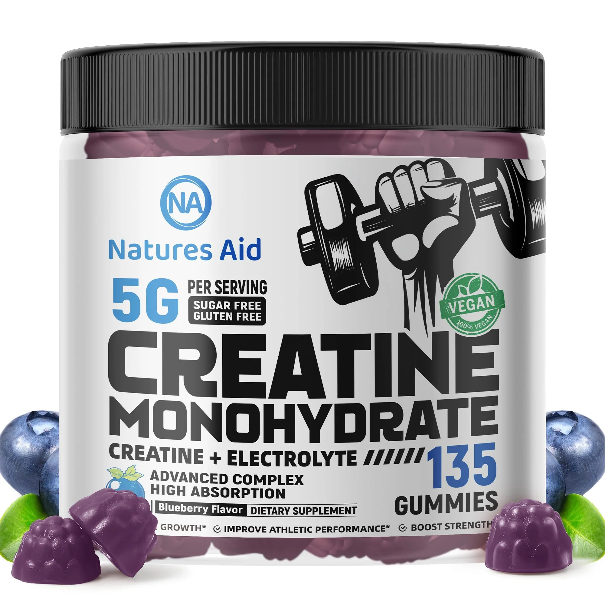 Natures Aid Creatine Monohydrate Gummies (5g) – Blueberry Electrolyte, 135 Count | Vegan & Sugar-Free - Image 8