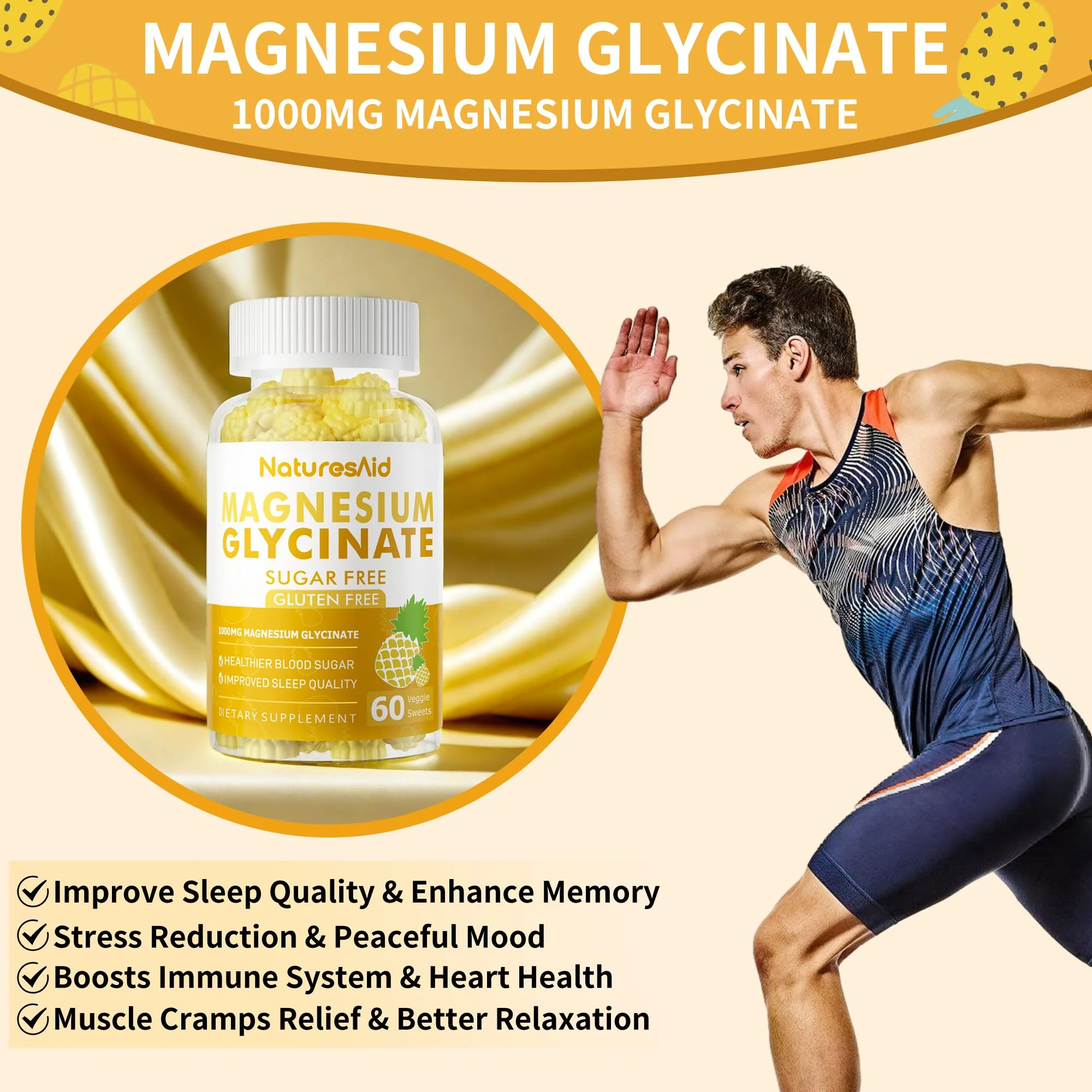 Nature's Aid Magnesium Glycinate Gummies 1000mg – Sugar-Free Pineapple Gummies with Vitamin D, B6 & CoQ10 (120 each, 2 Pack) - Image 14