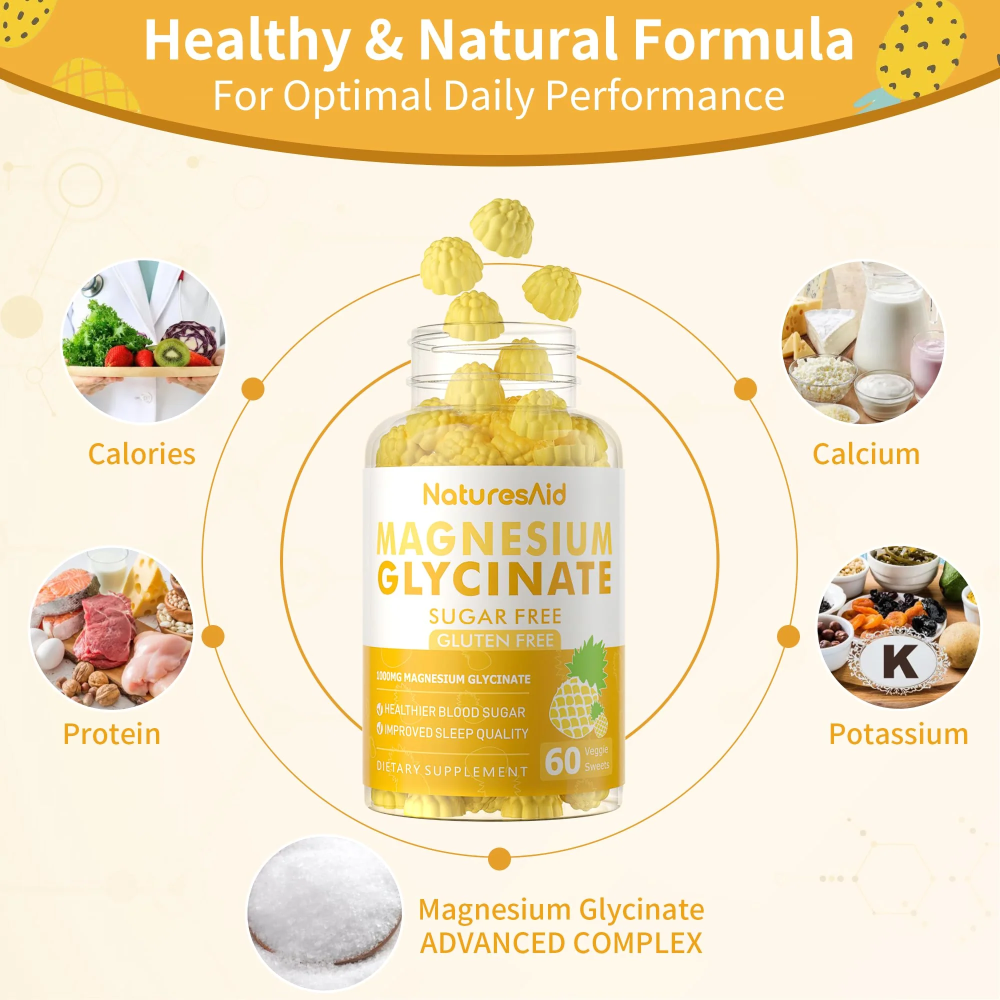 Nature's Aid Magnesium Glycinate Gummies 1000mg – Sugar-Free Pineapple Gummies with Vitamin D, B6 & CoQ10 (120 each, 2 Pack) - Image 3