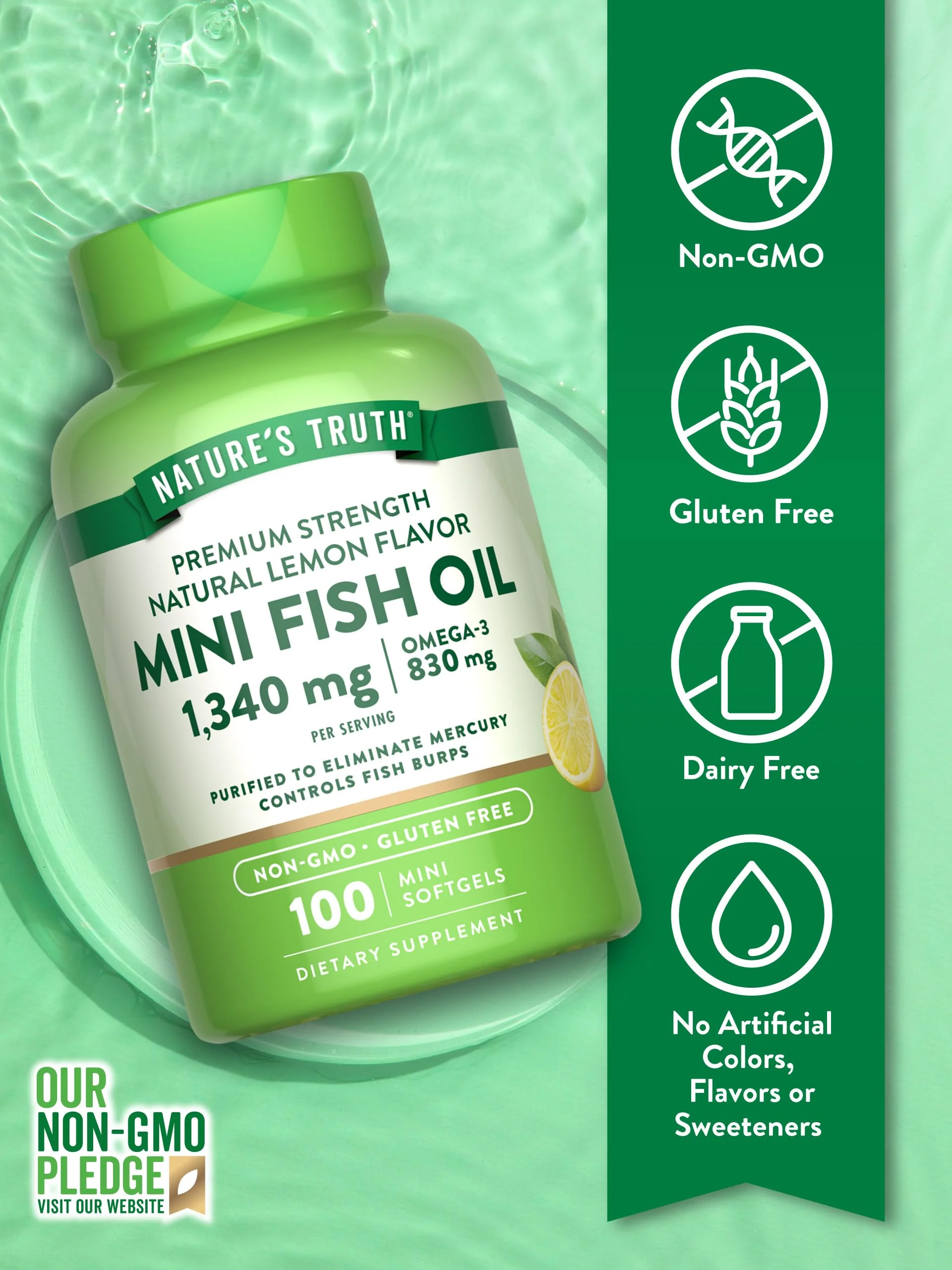 Nature's Truth Mini Fish Oil Omega-3 1340 mg | 100 Softgels | Burpless Lemon (Pack of 2) - Image 3