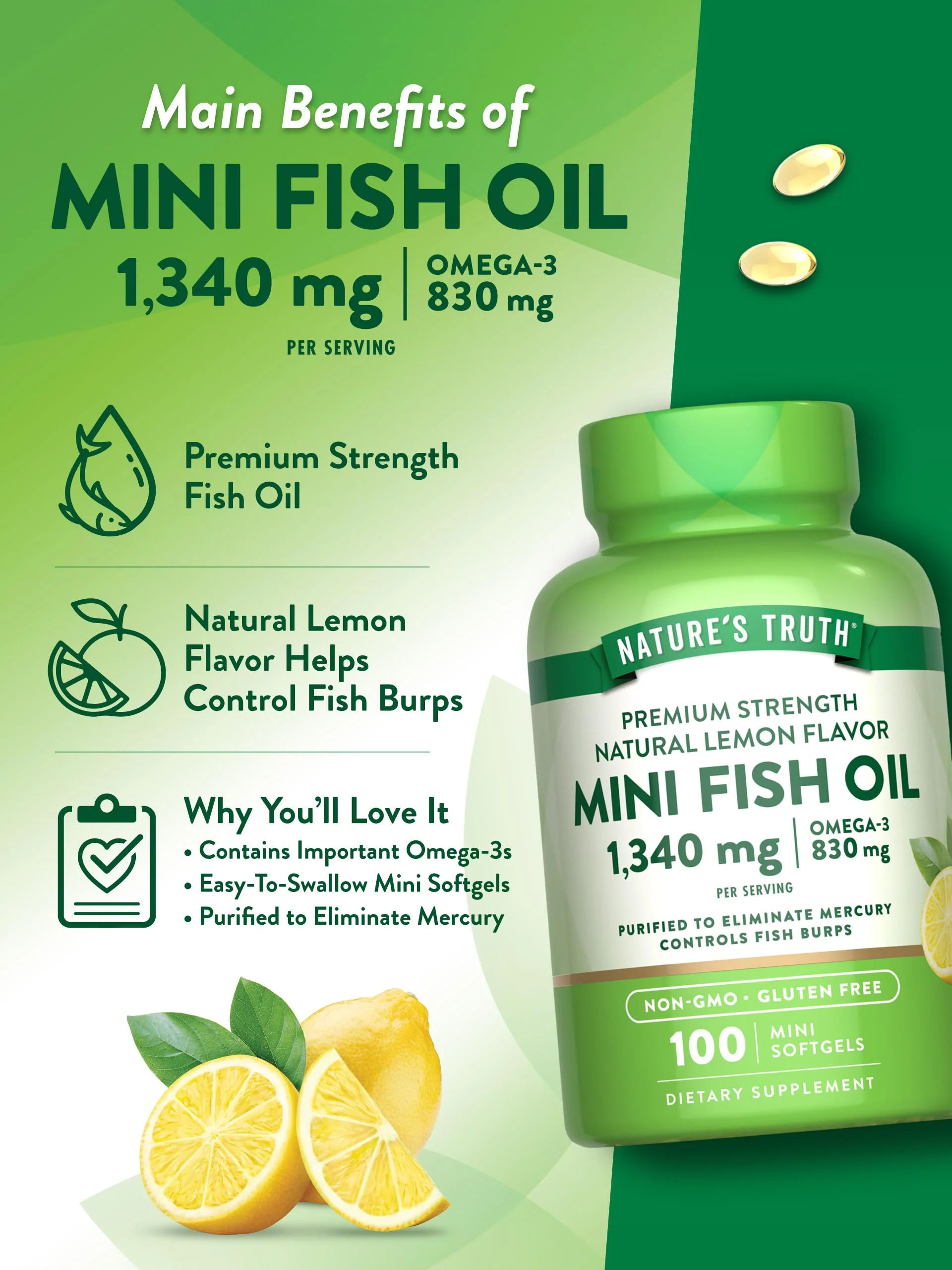 Nature's Truth Mini Fish Oil Omega-3 1340 mg | 100 Softgels | Burpless Lemon (Pack of 2) - Image 5