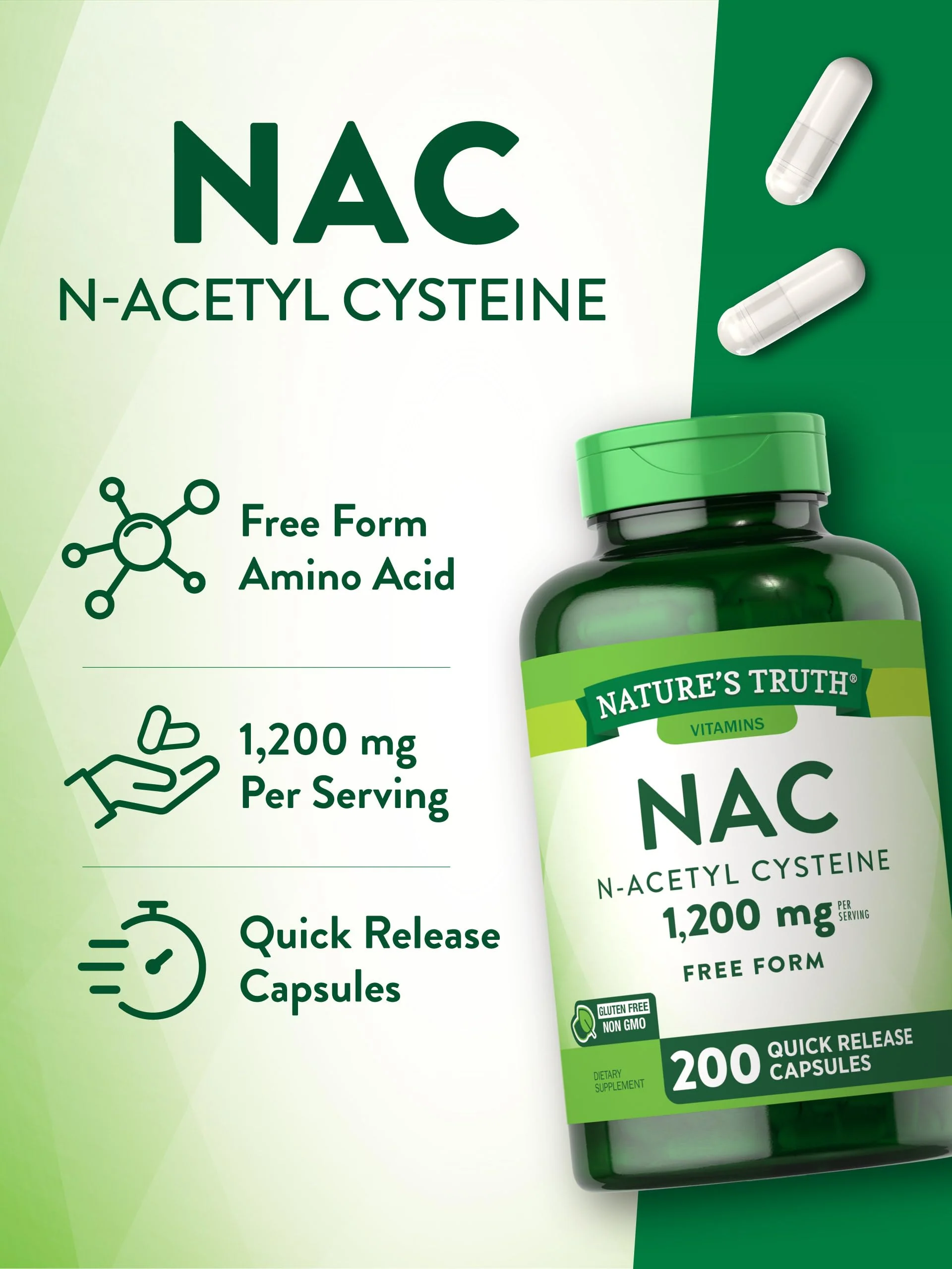 Nature's Truth NAC N-Acetyl Cysteine 1,200 mg | 200 Capsules | Pack of 2 | Non-GMO & Gluten Free - Image 12