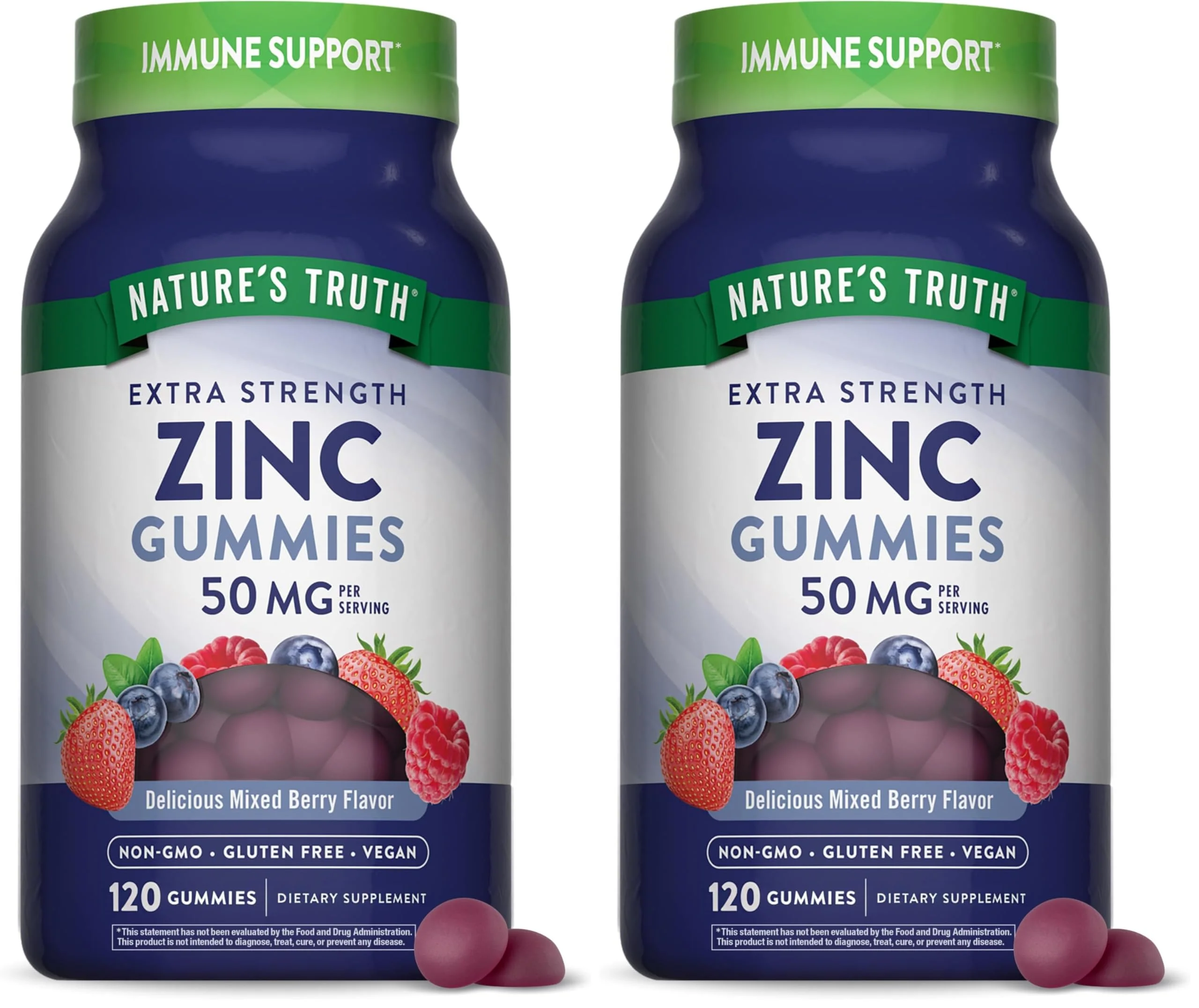 Nature's Truth Zinc Gummies for Adults - 50 mg Zinc Citrate, 120 Count, Vegan, Gluten Free | Mixed Berry (Pack of 2)