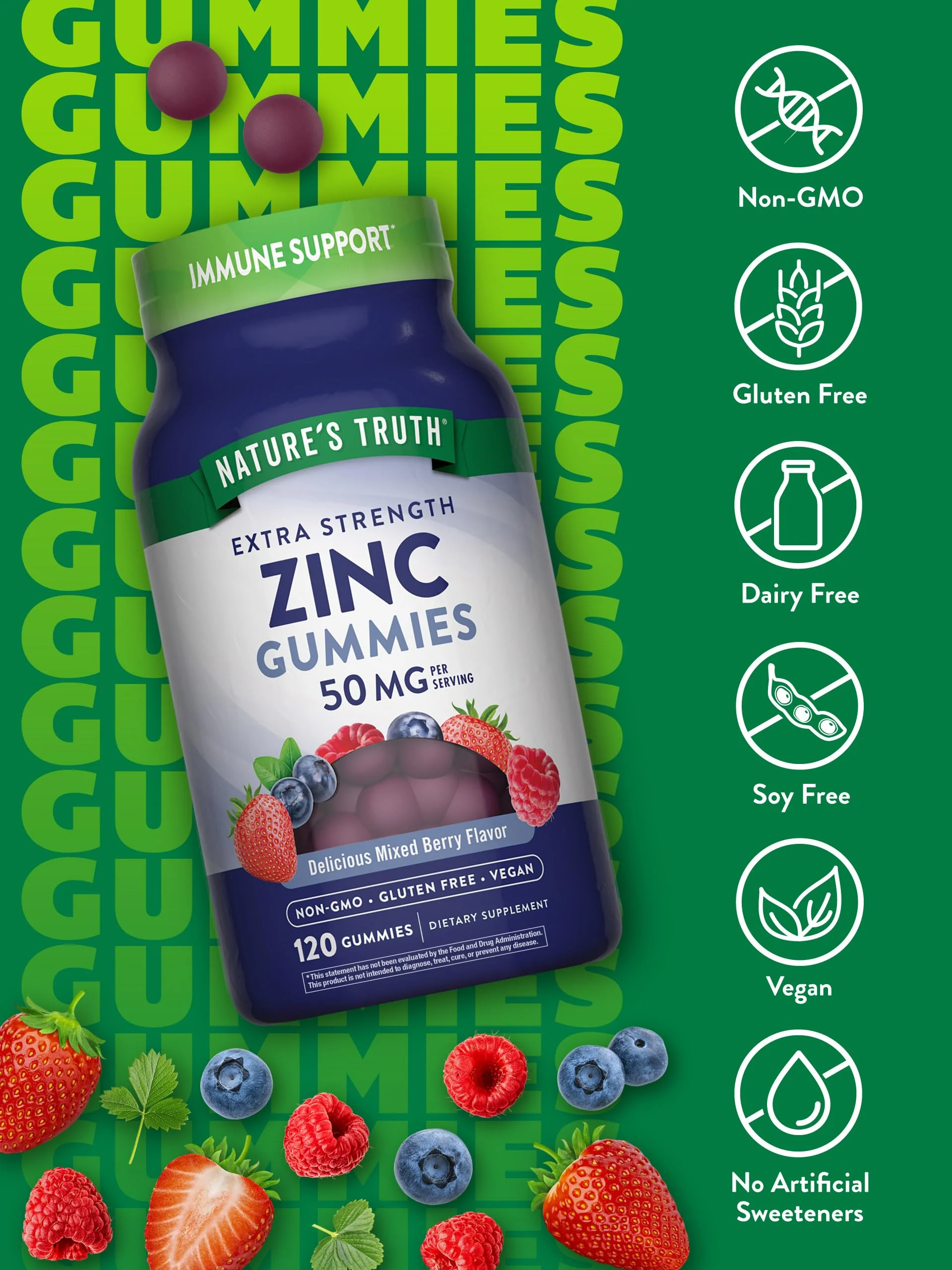Nature's Truth Zinc Gummies for Adults - 50 mg Zinc Citrate, 120 Count, Vegan, Gluten Free | Mixed Berry (Pack of 2) - Image 3