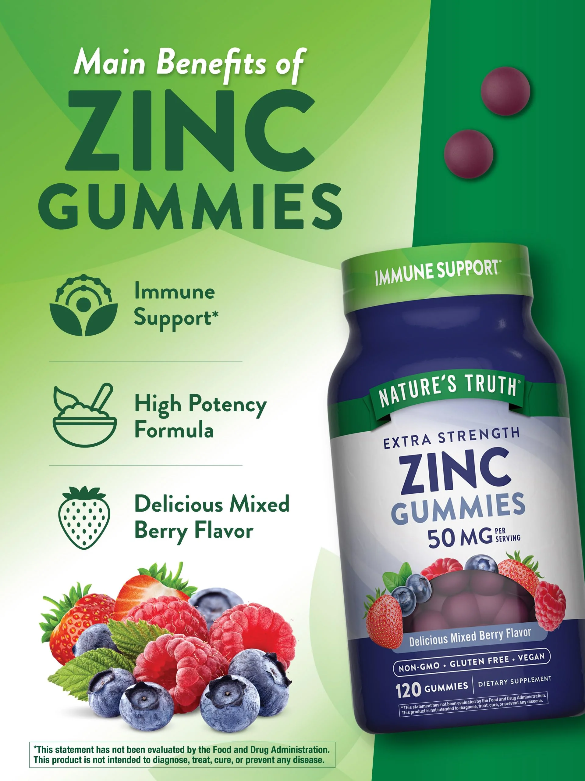 Nature's Truth Zinc Gummies for Adults - 50 mg Zinc Citrate, 120 Count, Vegan, Gluten Free | Mixed Berry (Pack of 2) - Image 5