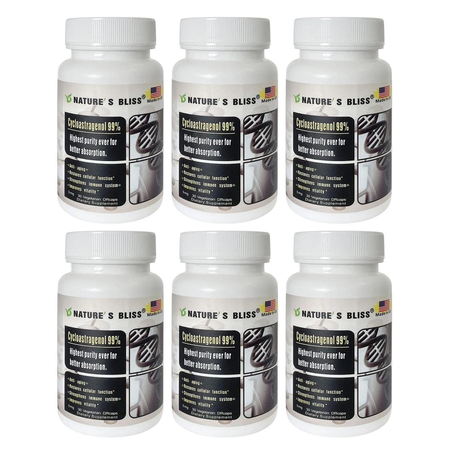 Nature'sbliss Cycloastragenol 99% - Stomach Acid Protected, Made in USA, 5mg, 180 Caps