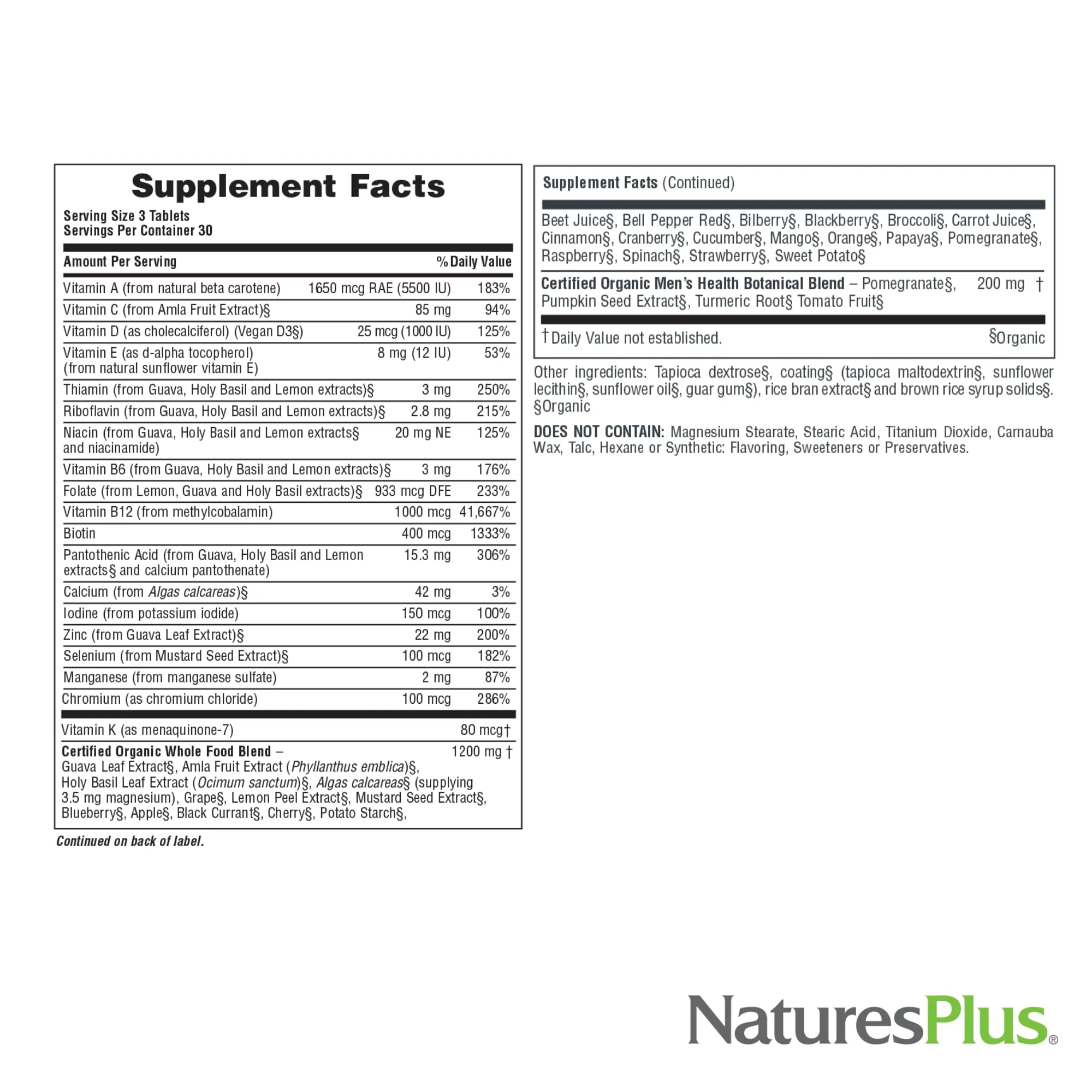 NaturesPlus Source of Life Garden Certified Organic Men's Multivitamin - 90 Vegan Tablets - 30 Servings - Image 5