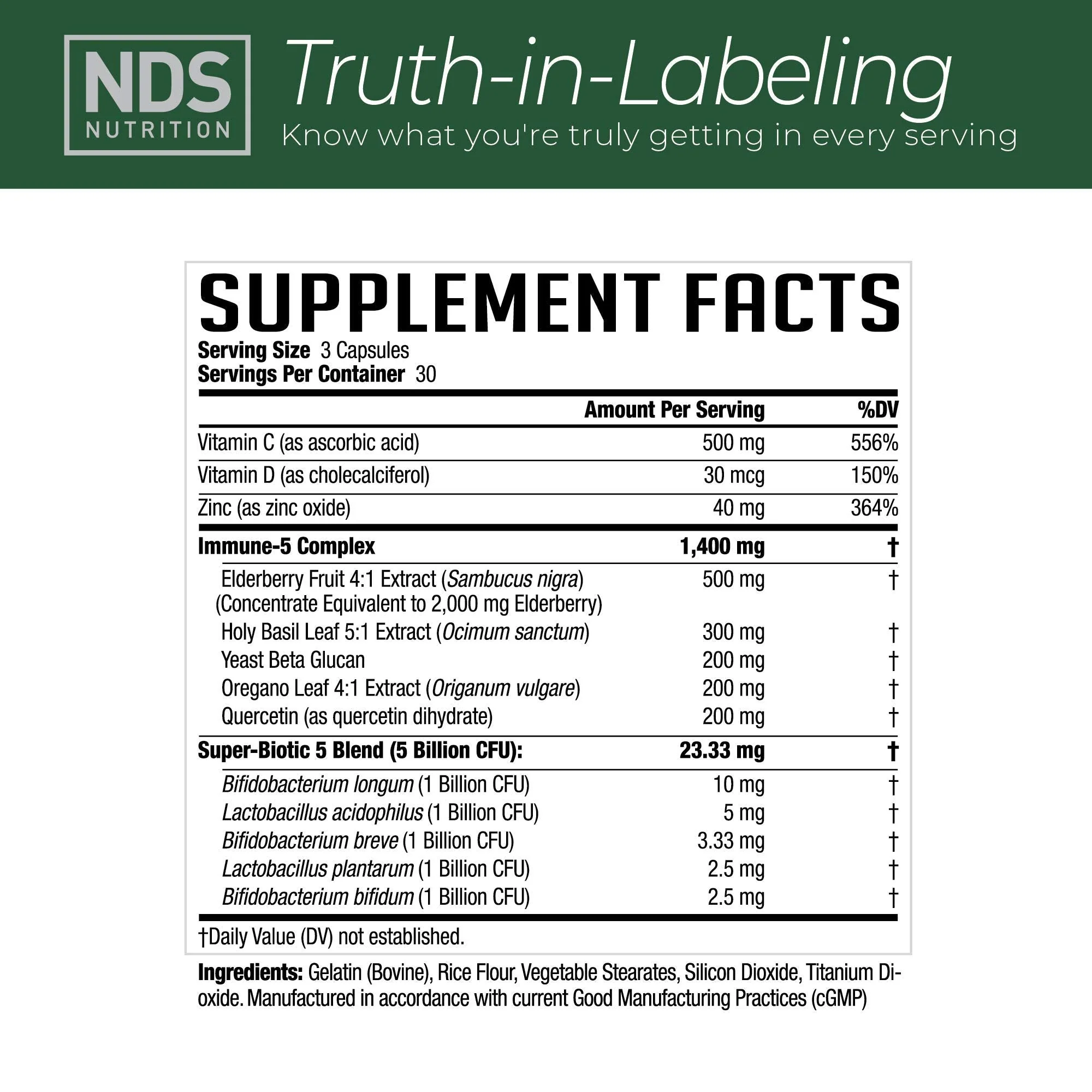 NDS Nutrition Advanced Immune Booster - Elderberry, Vitamin C, D, Zinc & Probiotic (90 capsules) - Image 2