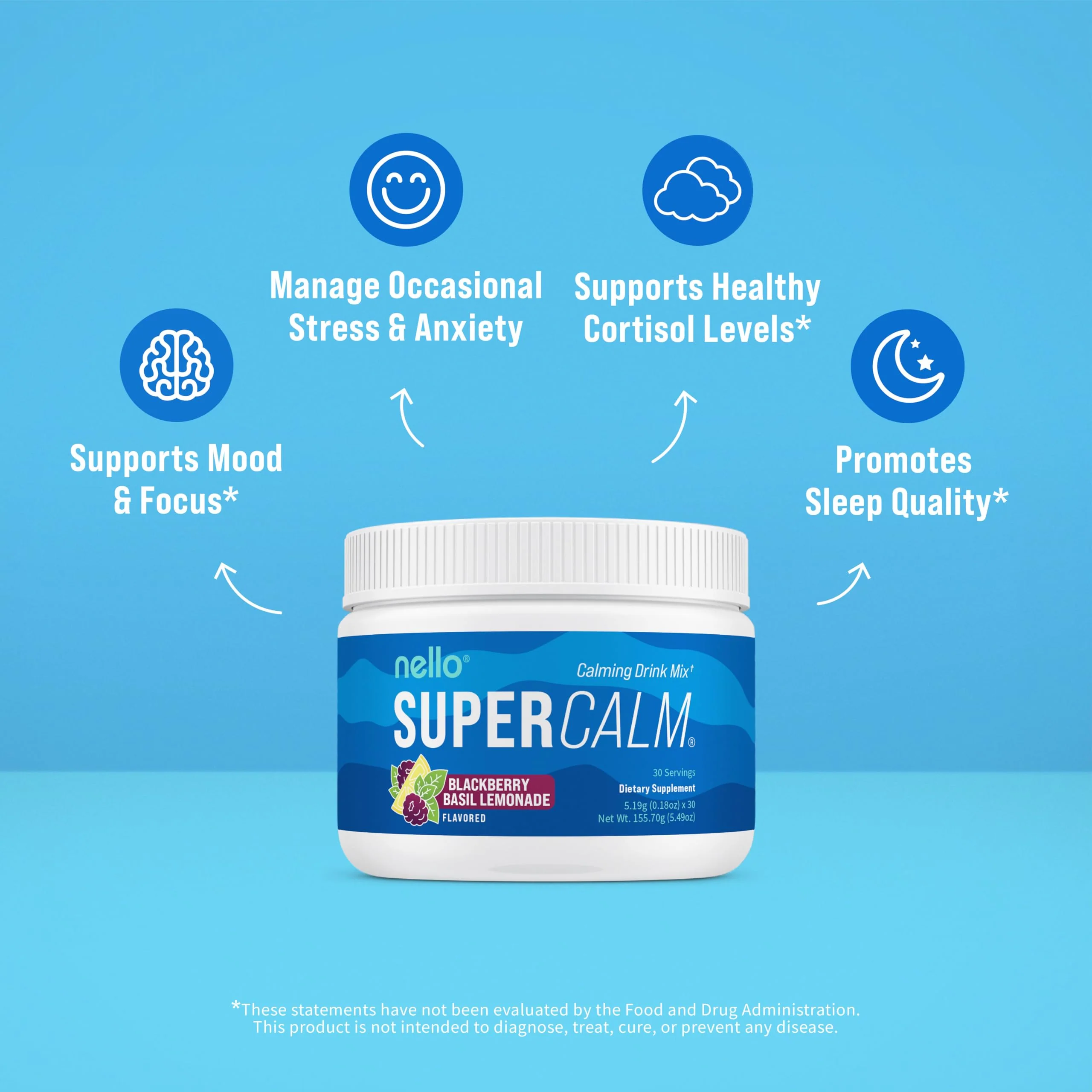 Nello SuperCalm Powdered Drink Mix Tub - Cortisol Reducer* & Sleep Aid - L Theanine, KSM-66 Ashwagandha, Magnesium Glycinate, Vitamin D3 - No Sugar, Non GMO - 30 Servings - BlackBerry Basil - Image 6