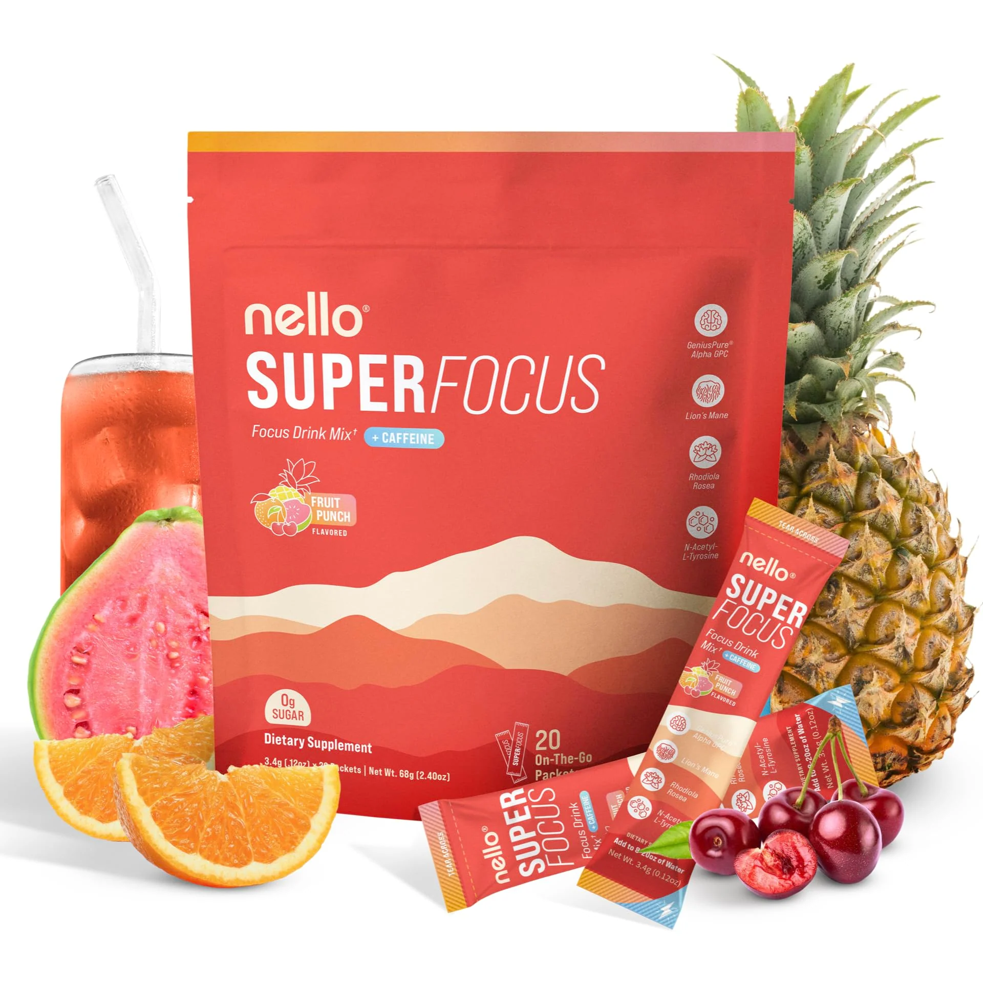 Nello Superfocus Fruit Punch – Sugar-Free Nootropic Drink Mix with 75 mg Caffeine, 20 Packets - Image 7