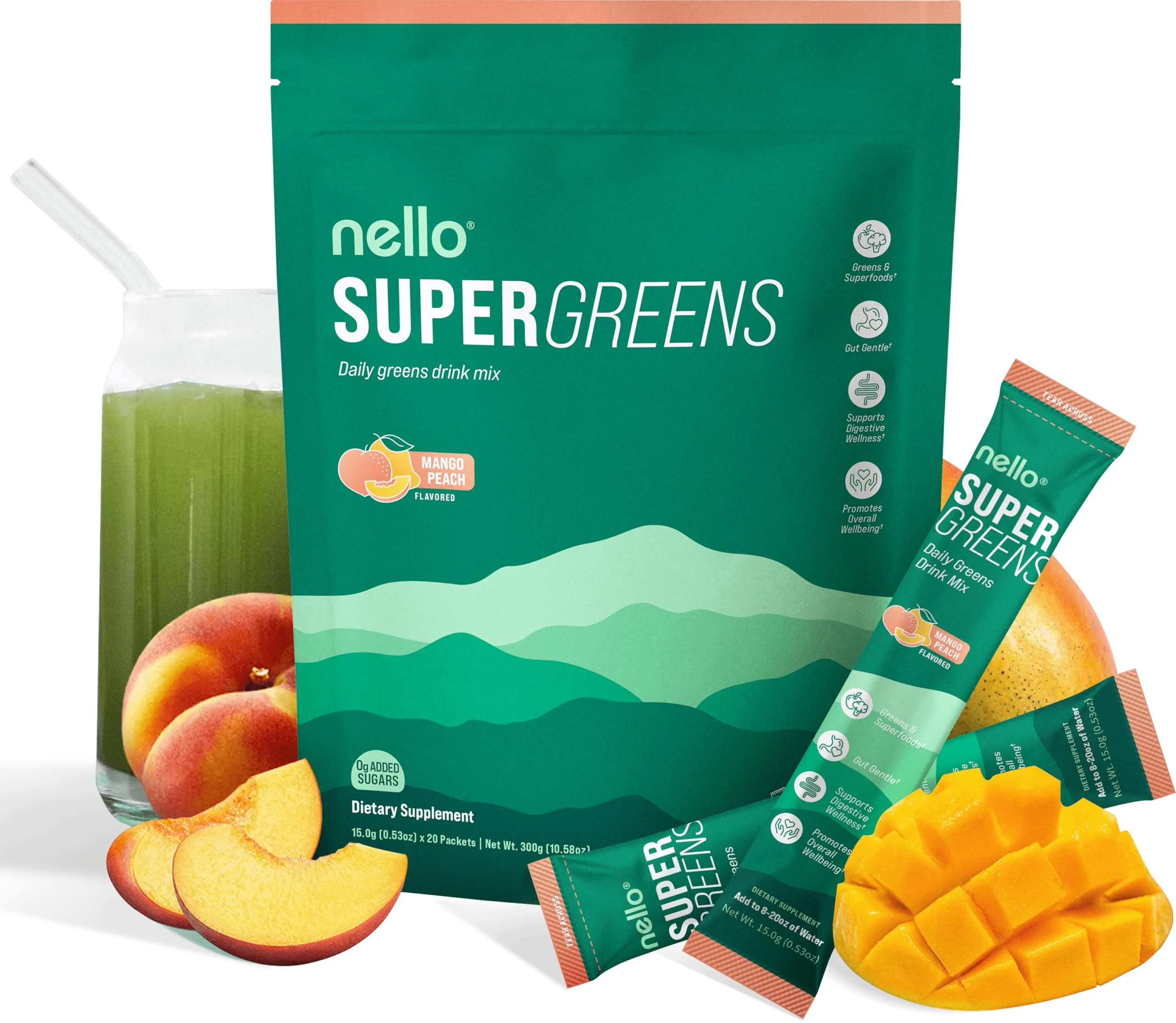 Nello Supergreens Premium Greens Drink Mix – Mango Peach, 20 Servings, Travel Pack - Image 7