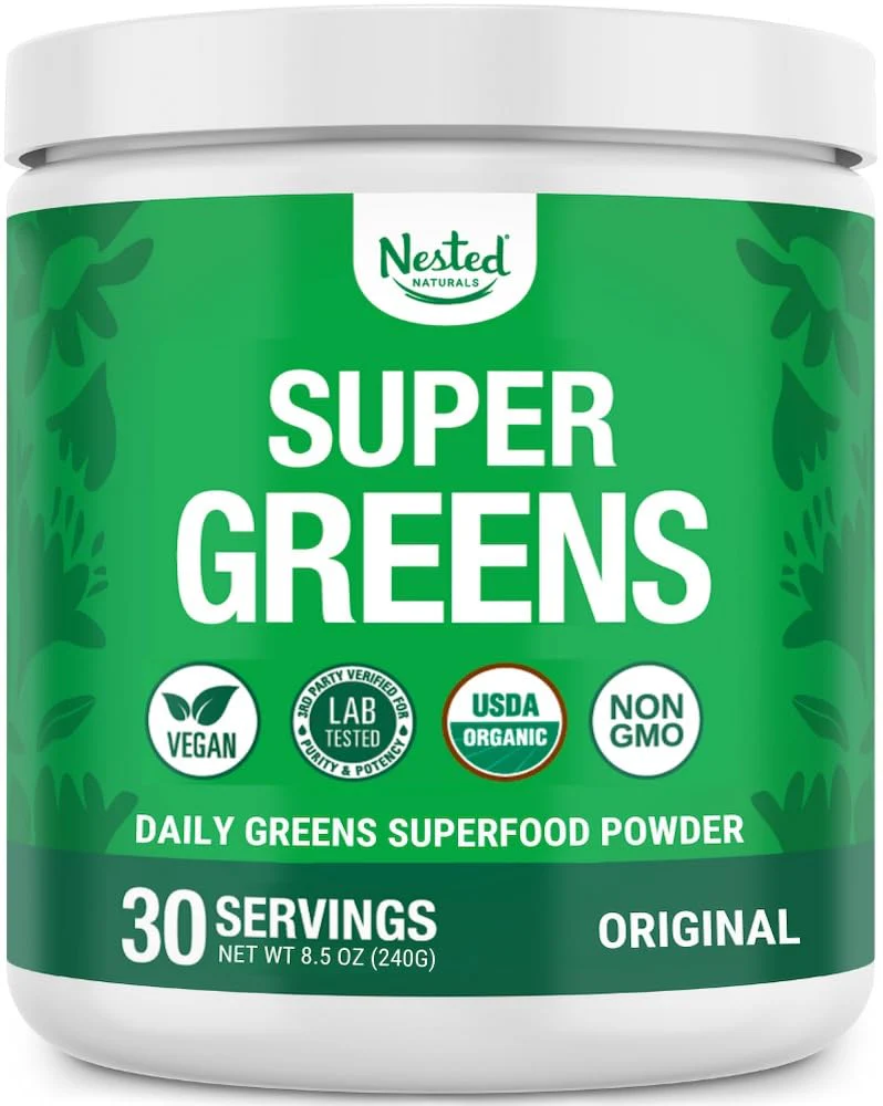 Nested Naturals Super Greens Daily Powder – USDA Organic Greens, Probiotics & Fiber, 30 Servings