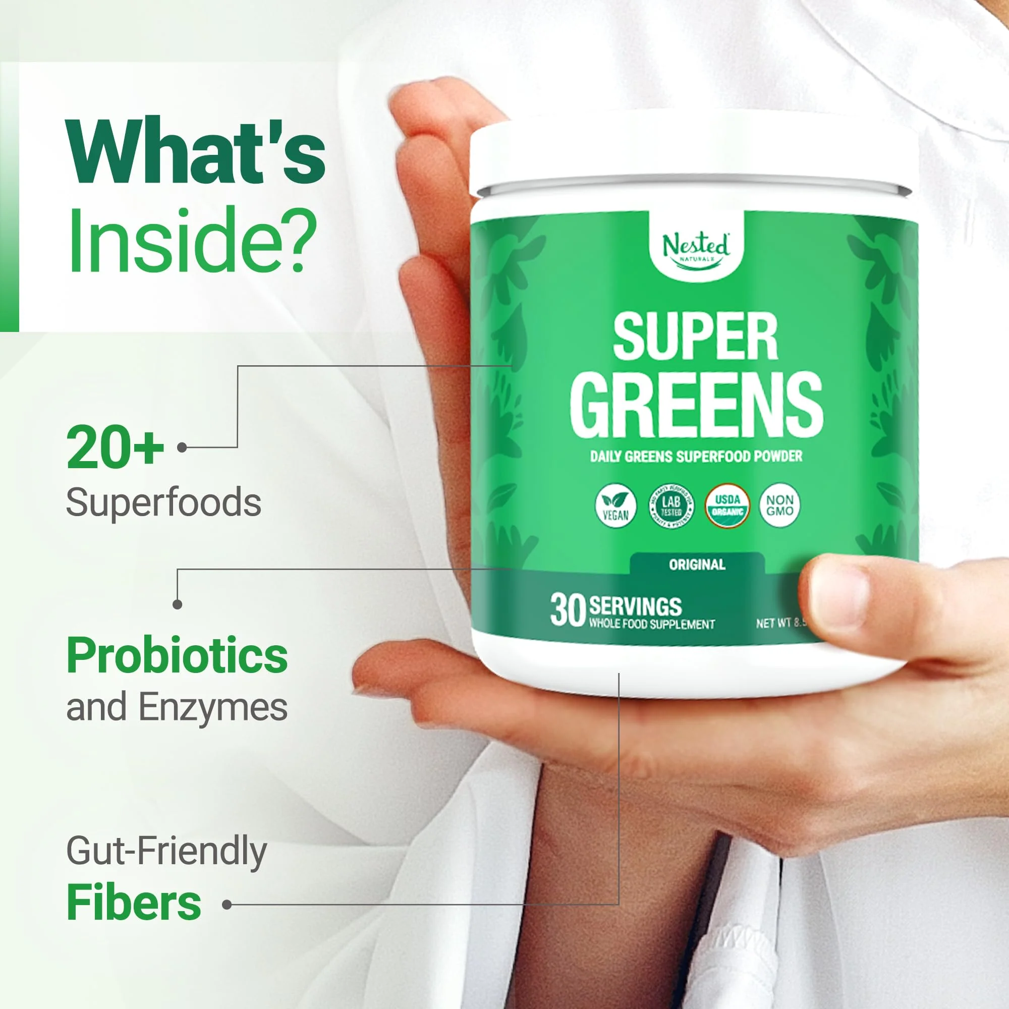 Nested Naturals Super Greens Daily Powder – USDA Organic Greens, Probiotics & Fiber, 30 Servings - Image 3