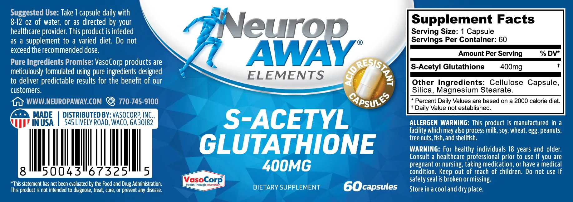 NeuropAWAY Elements S-Acetyl-Glutathione 400mg – Acid-Resistant Capsules, 60ct, CGMP, Third-Party Tested - Image 7