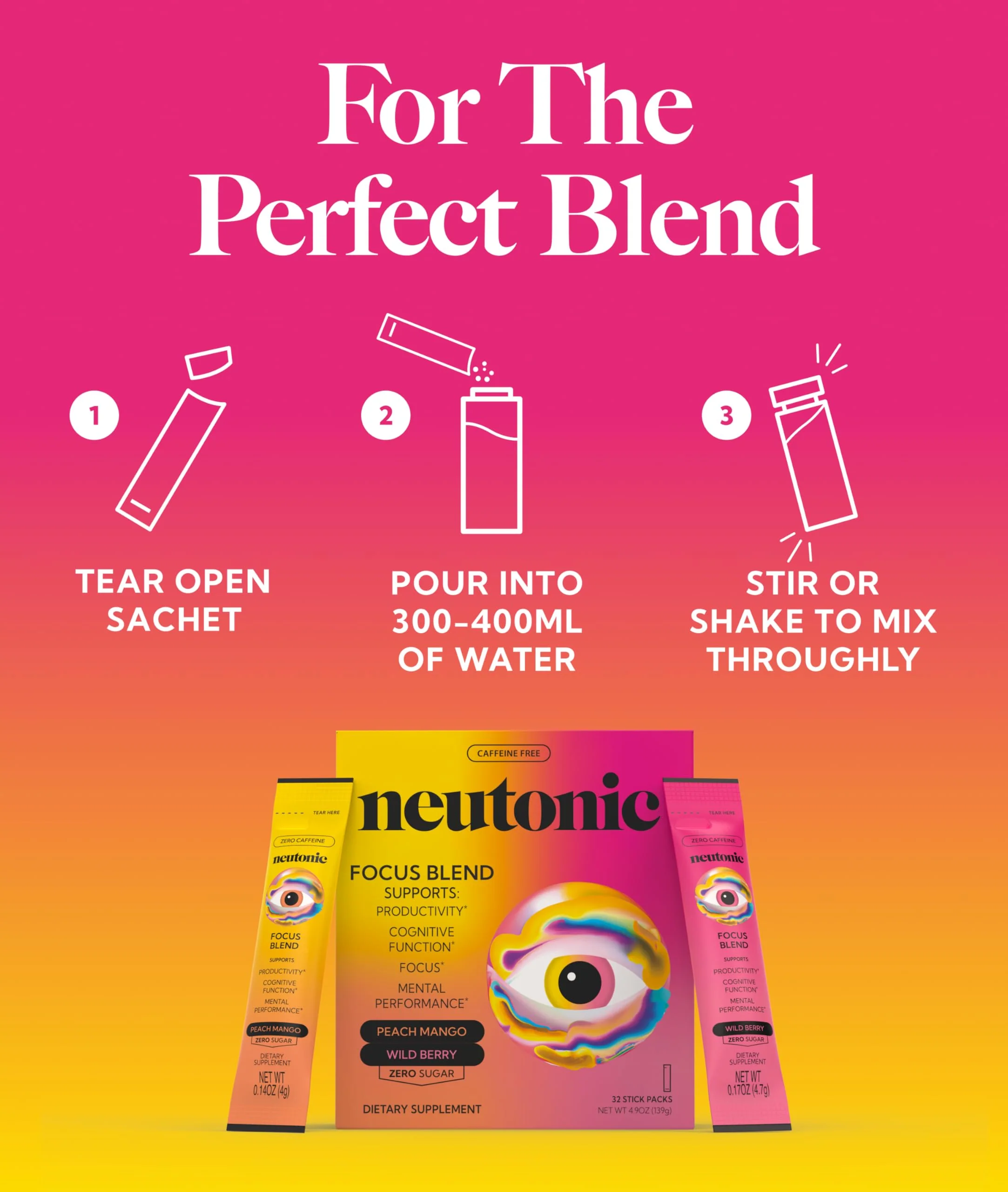 Neutonic Nootropic Focus Blend Powder | Peach Mango & Wild Berry, 32 Sticks | Caffeine Free - Image 15