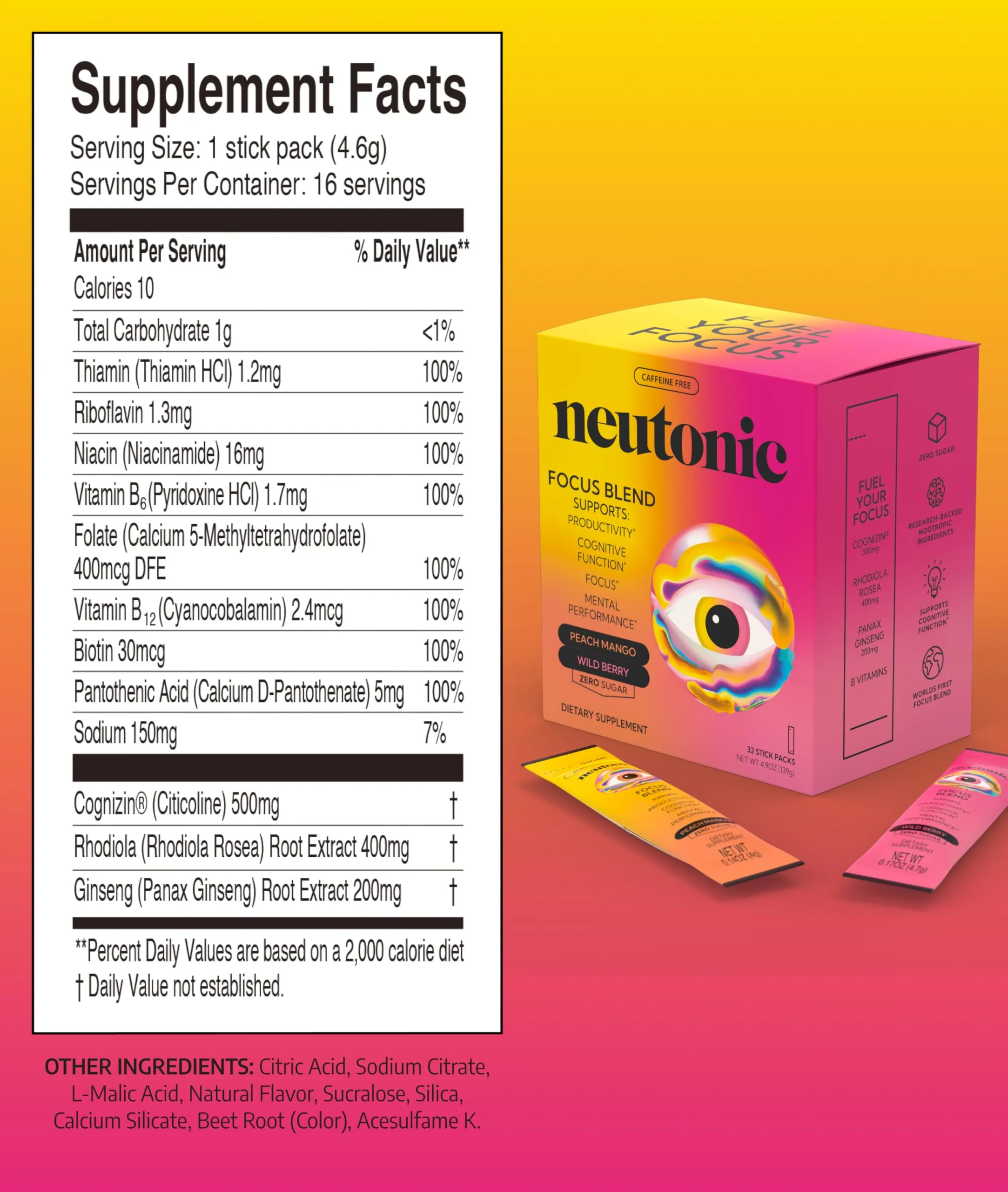 Neutonic Nootropic Focus Blend Powder | Peach Mango & Wild Berry, 32 Sticks | Caffeine Free - Image 3