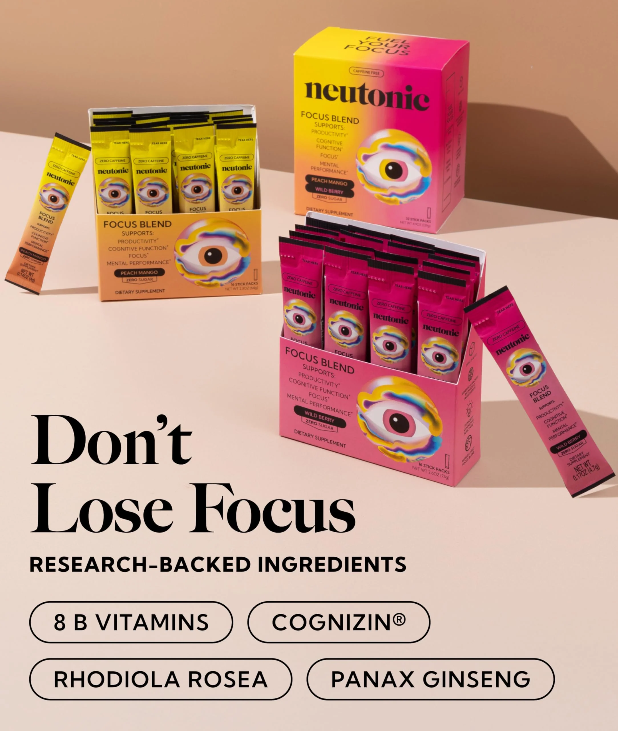 Neutonic Nootropic Focus Blend Powder | Peach Mango & Wild Berry, 32 Sticks | Caffeine Free - Image 4