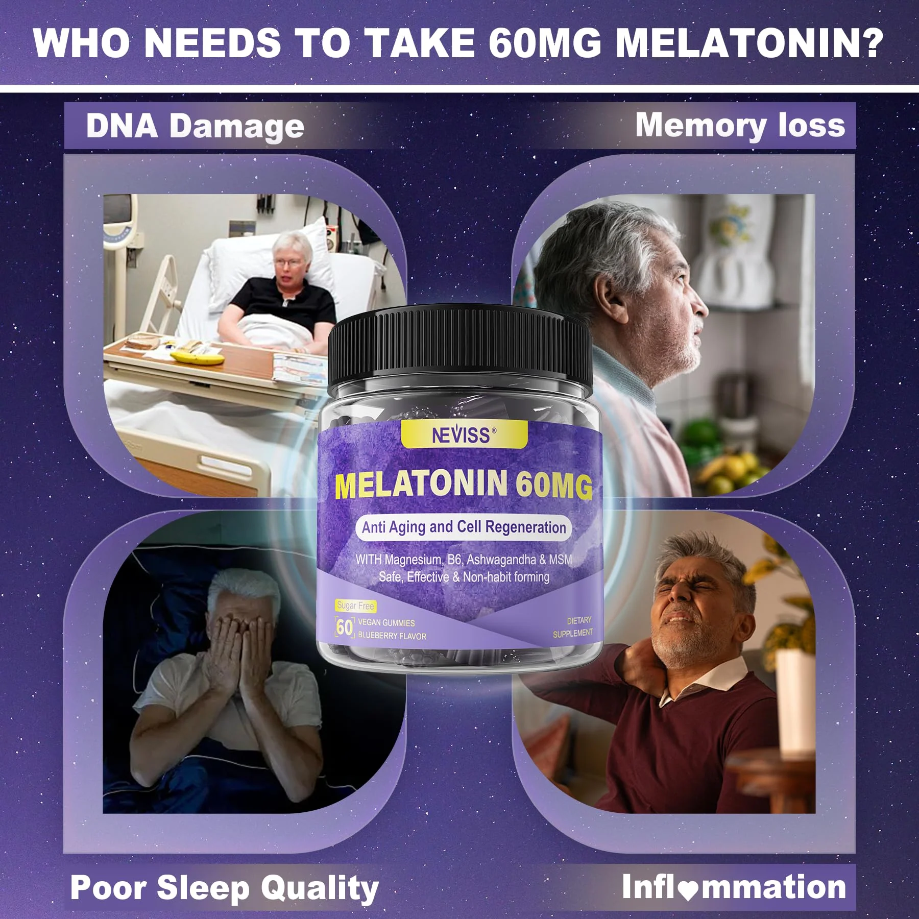 NEVISS Antioxidant Brain Support Melatonin Gummies 60mg for 50+ Adults | Immune & Anti-Aging - Image 14