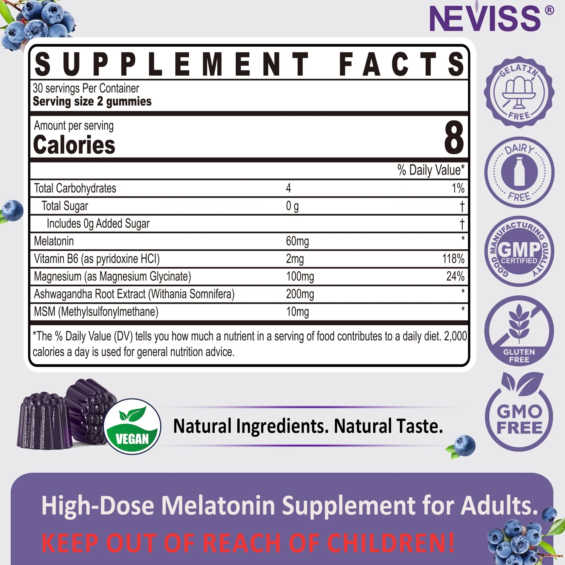 NEVISS Antioxidant Brain Support Melatonin Gummies 60mg for 50+ Adults | Immune & Anti-Aging - Image 2