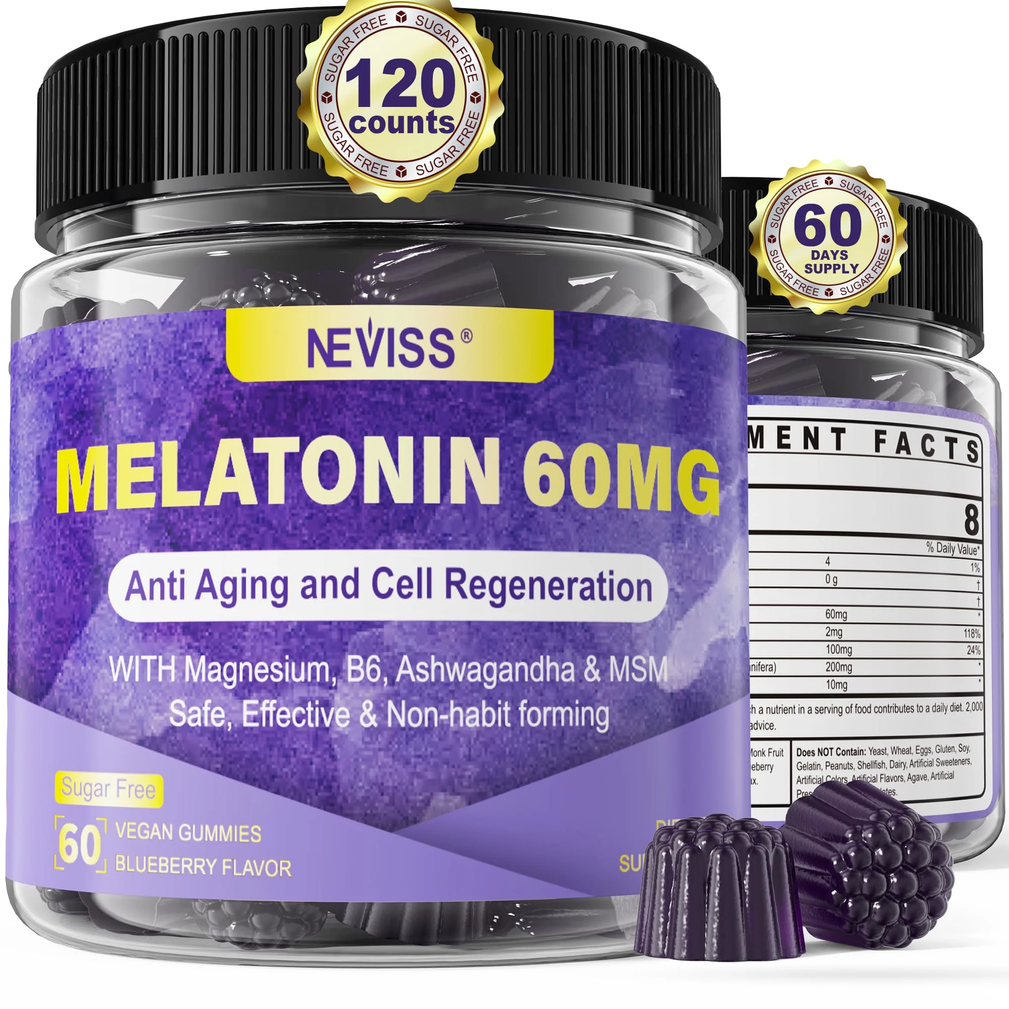 NEVISS Antioxidant Brain Support Melatonin Gummies 60mg for 50+ Adults | Immune & Anti-Aging - Image 8