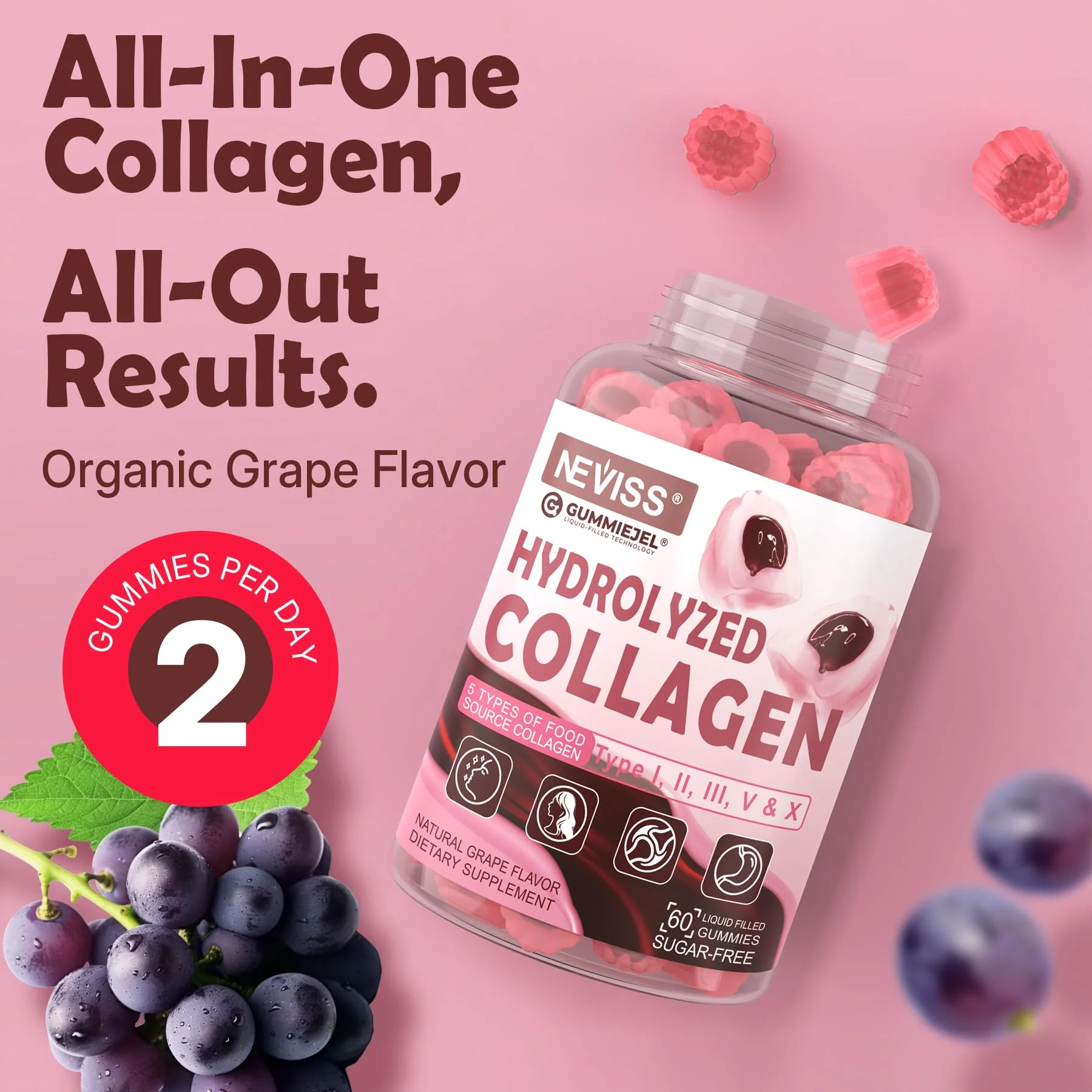 NEVISS Hydrolyzed Collagen Gummies – Multi-Type Collagen I–V & X with Vitamin D3 (120 ct) - Image 7