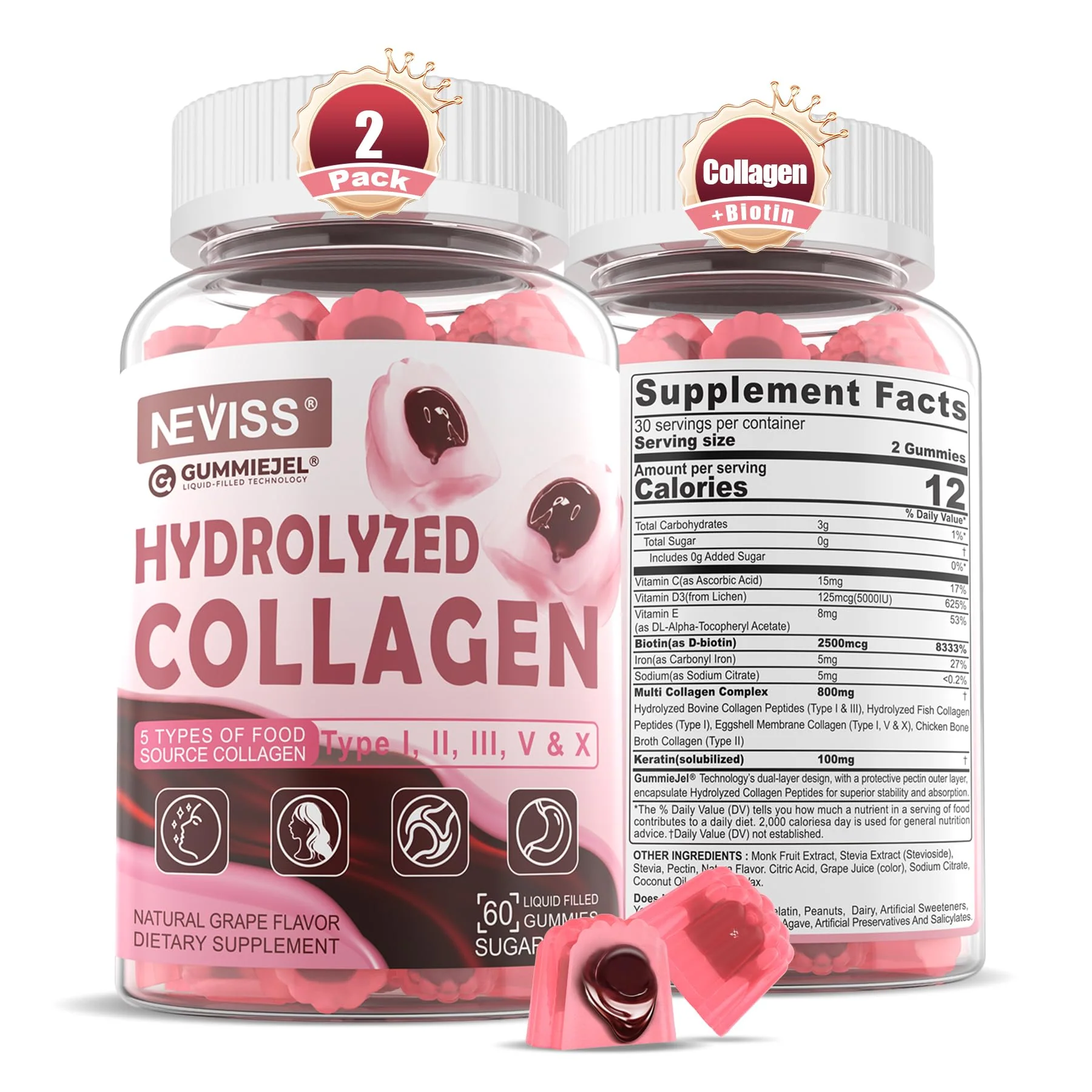 NEVISS Hydrolyzed Collagen Gummies – Multi-Type Collagen I–V & X with Vitamin D3 (120 ct) - Image 8