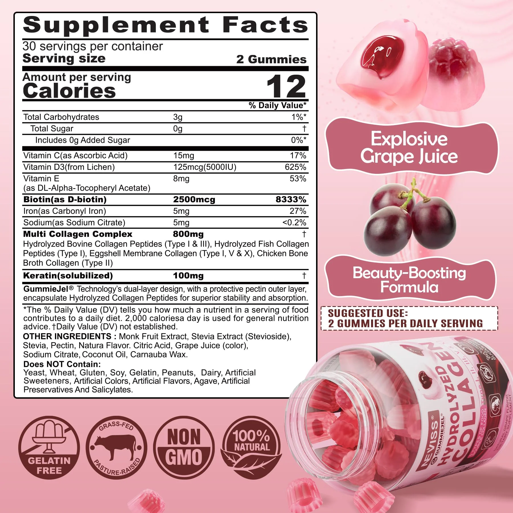 NEVISS Hydrolyzed Collagen Gummies – Multi-Type Collagen I–V & X with Vitamin D3 (120 ct) - Image 9
