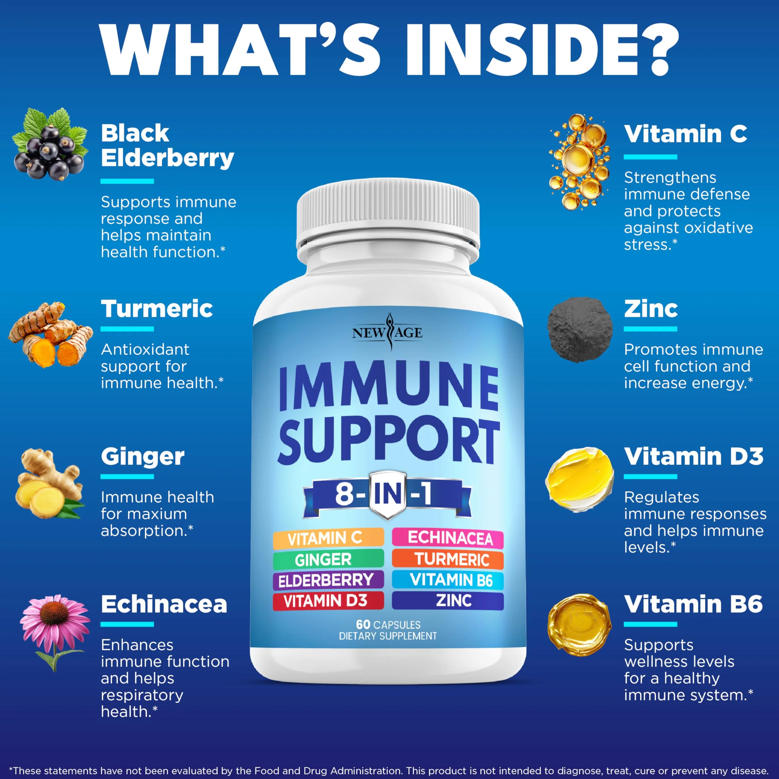 NEW AGE 8-in-1 Immune Support Capsules – Vitamin C, D3, Zinc, Elderberry (Pack of 5) - Image 2