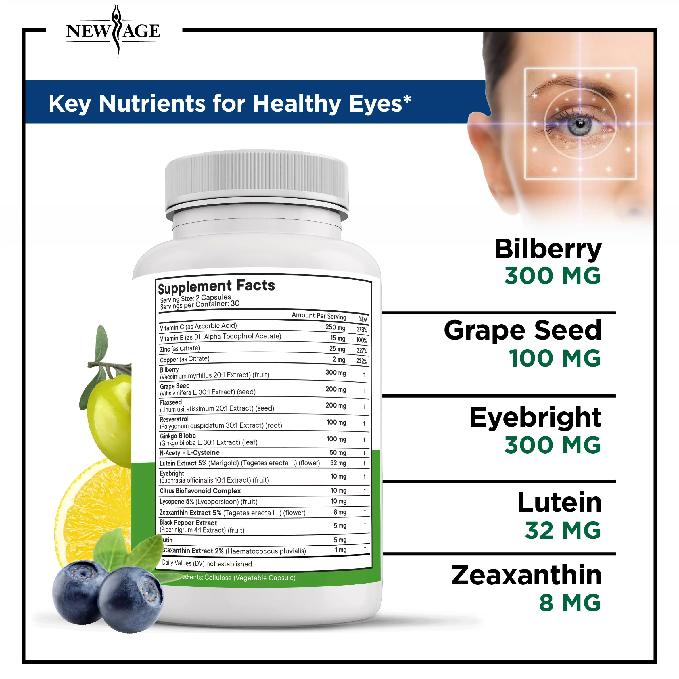 NEW AGE AREDS 2 Eye Vitamin Contains Bilberry 6000mg Lutein (32mg), Grape seed (6000 mg), Eyebright (1000 mg), and Zeaxanthin (8 mg) - 120 Count - Image 3