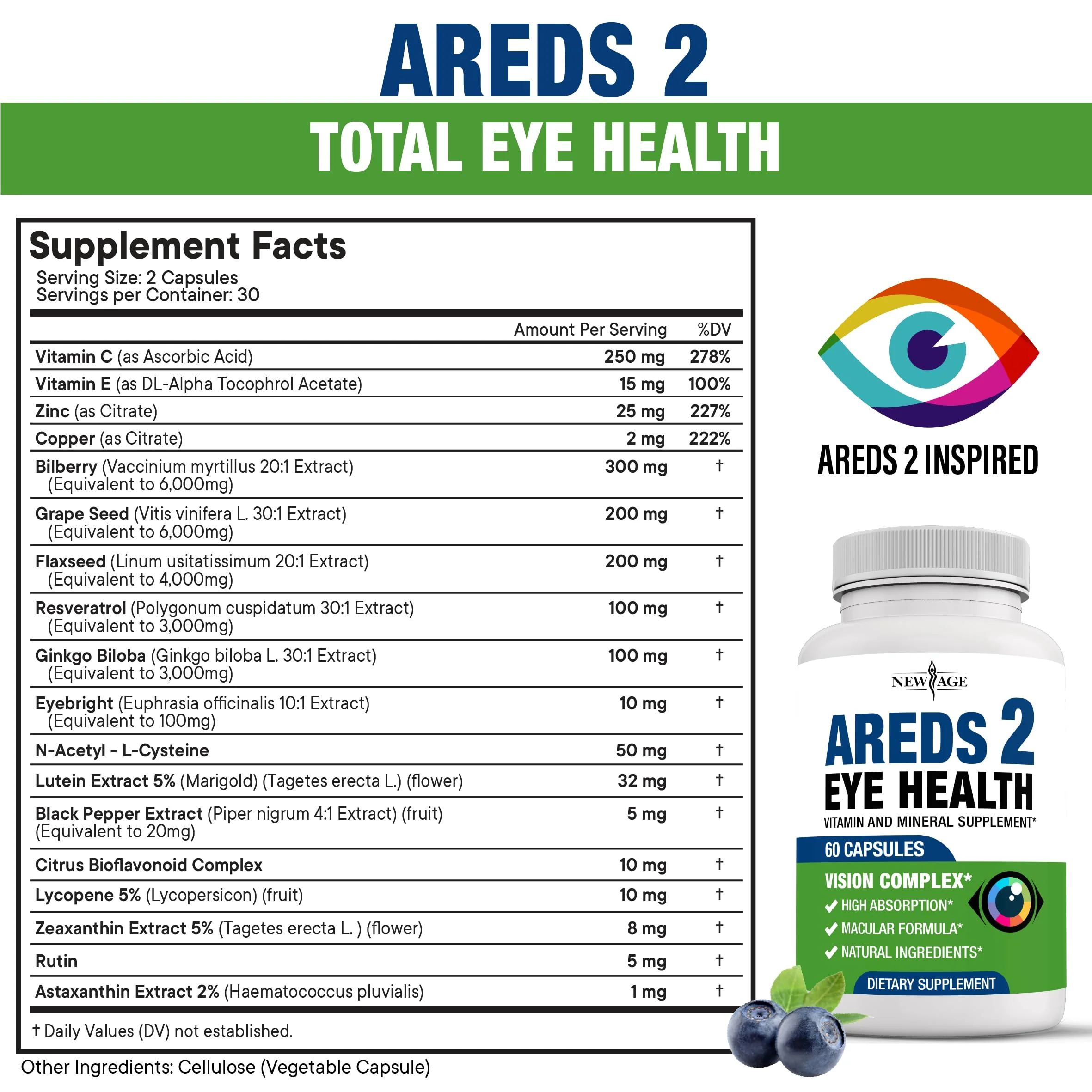 NEW AGE AREDS 2 Eye Vitamins – Lutein, Zeaxanthin, Bilberry & Astaxanthin – 180 Count - Image 6
