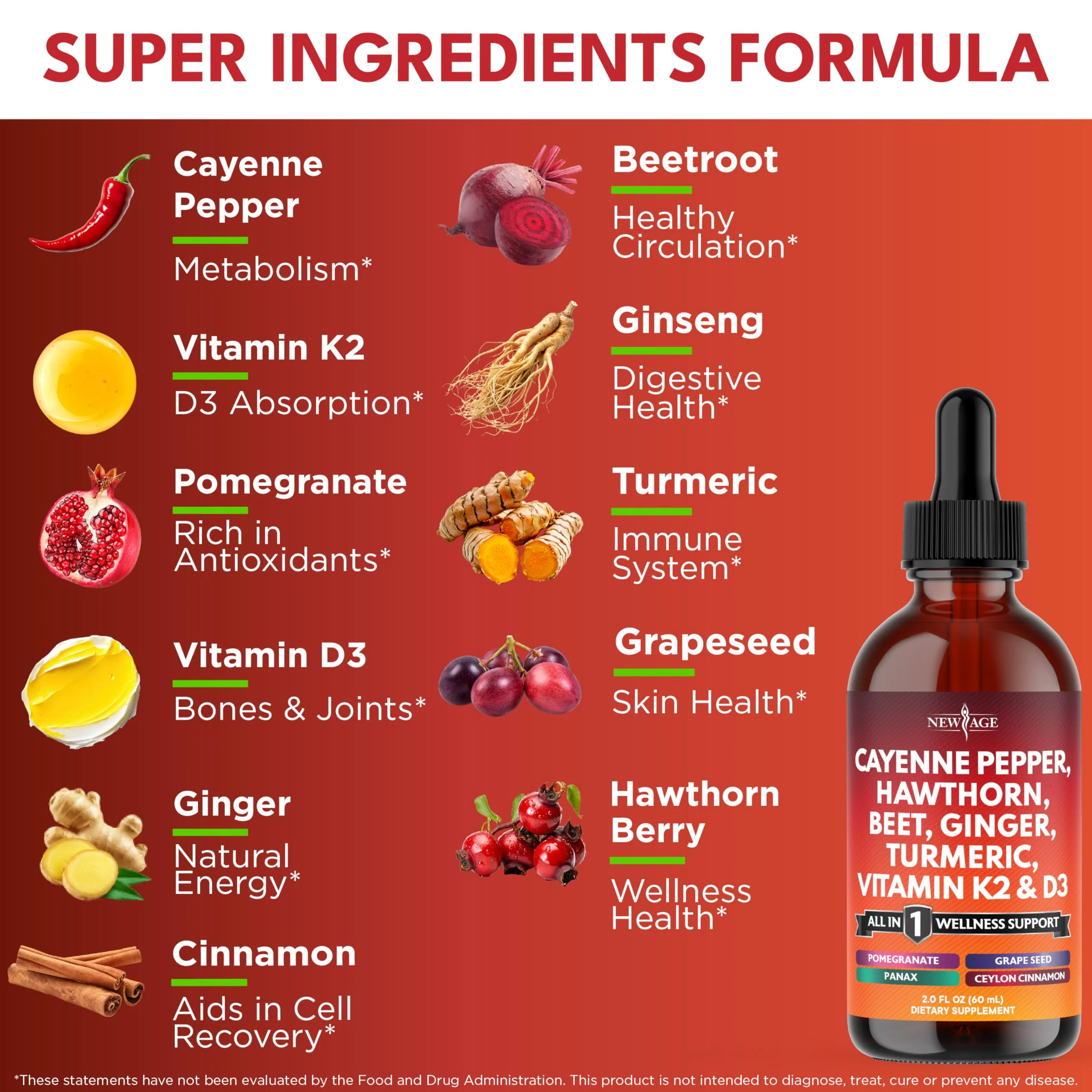NEW AGE Cayenne Pepper Liquid Drops with Hawthorn Berry, D3 K2, Beet Root, Cinnamon, Turmeric, and Ginseng – 8 oz - Image 10