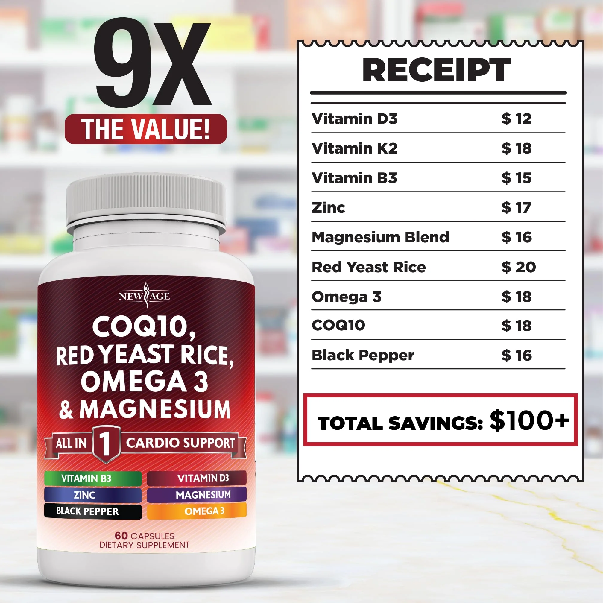 NEW AGE COQ10 200mg + Red Yeast Rice | Omega 3-6-9 Magnesium Complex | Vitamin K2 D3 | 180 Count - Image 6