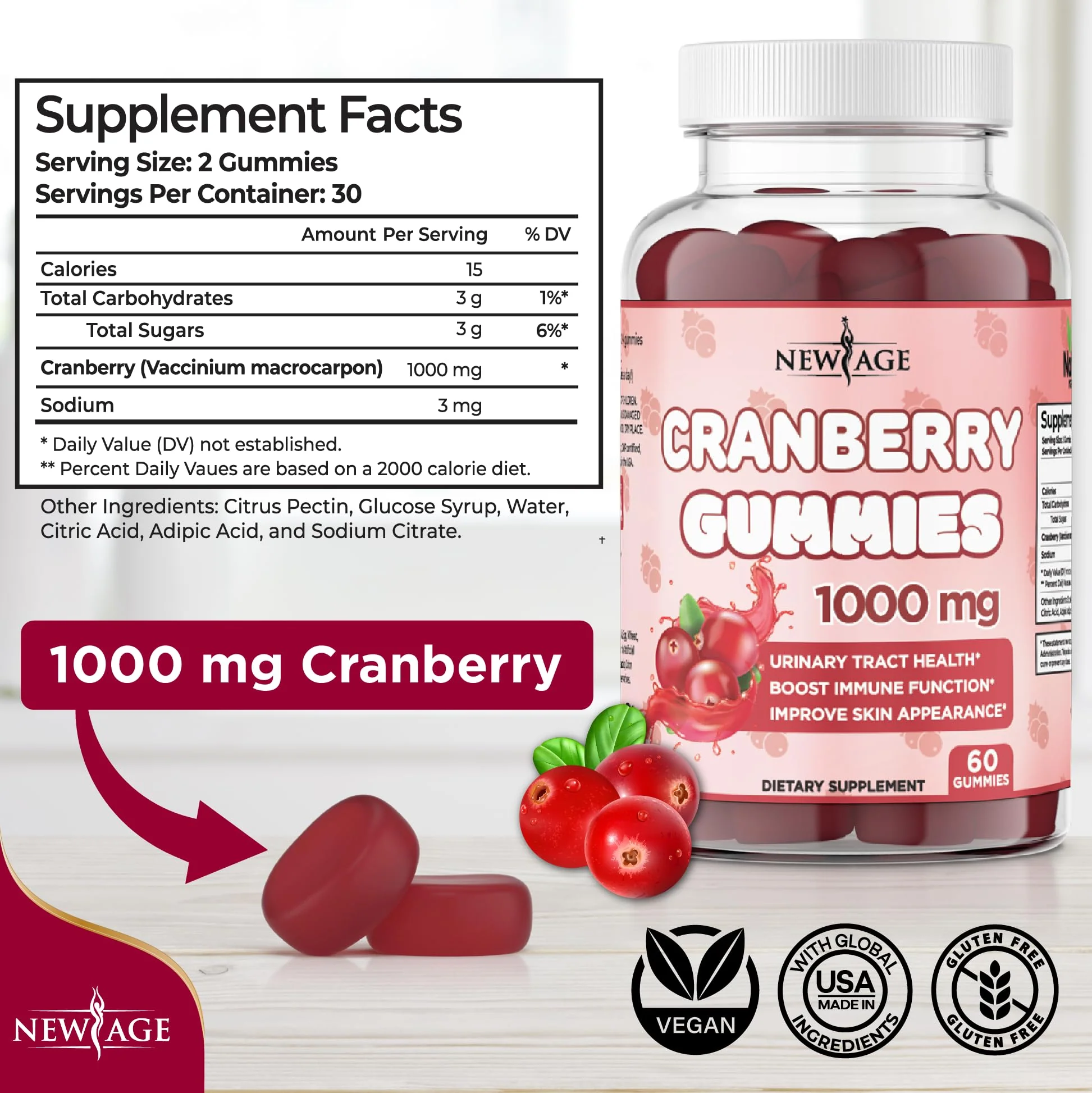 NEW AGE Cranberry Gummies – Urinary Tract Health, 1000mg, 180 Gummies (Vegetarian) - Image 2