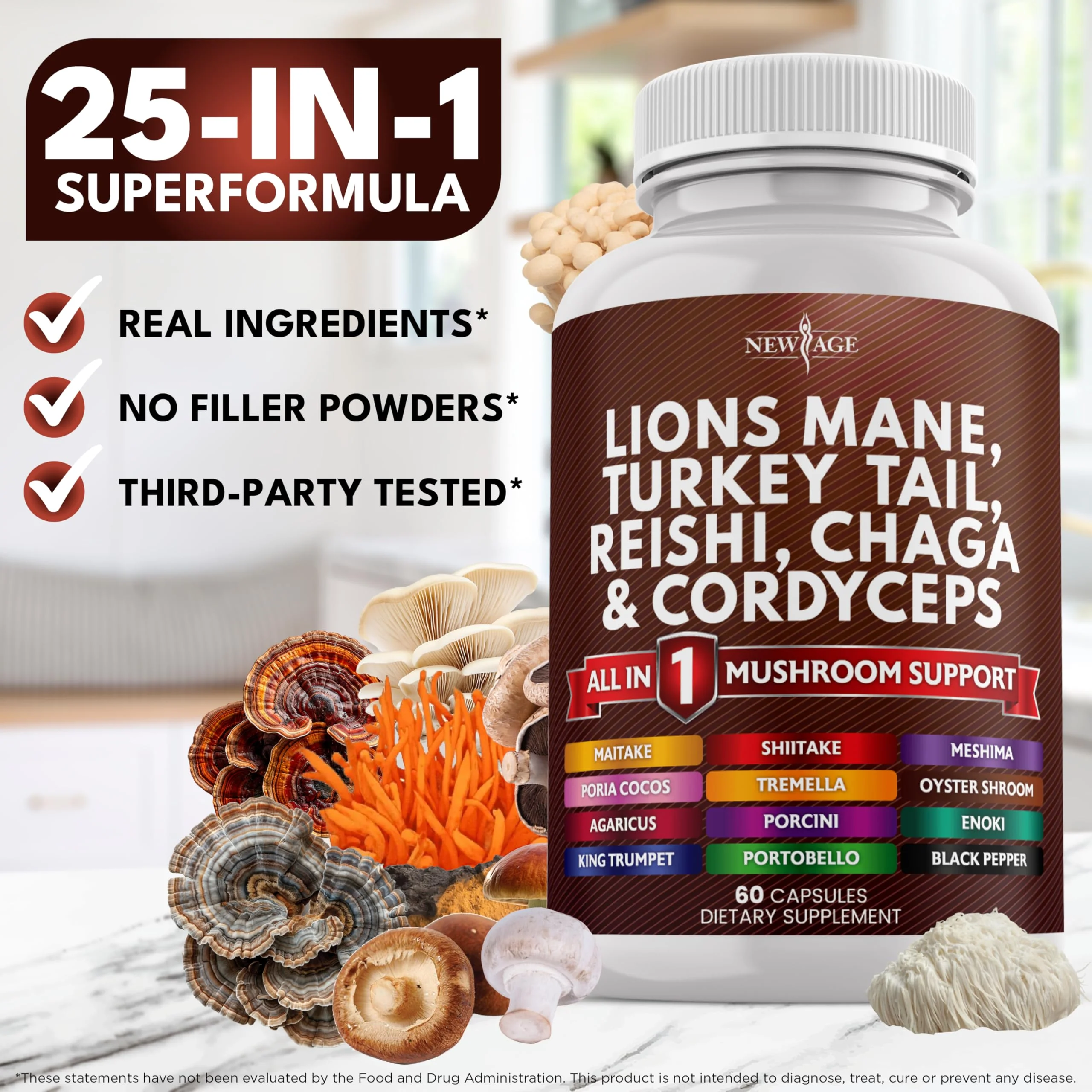 NEW AGE Lions Mane 20-in-1 Mushroom Supplement with Turkey Tail, Reishi, Chaga, Cordyceps, Marshmallow Root – 180 Count - Image 15