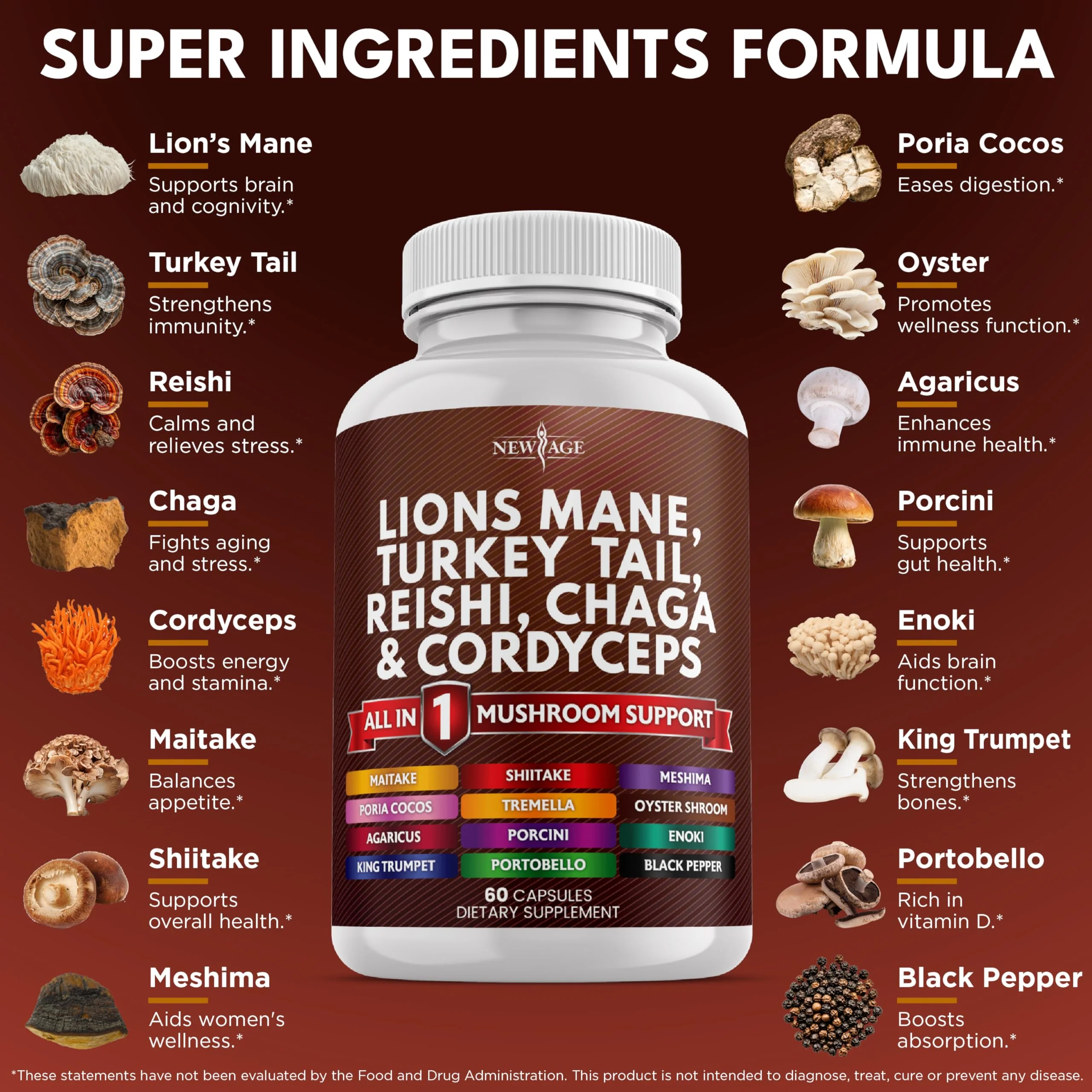 NEW AGE Lions Mane 20-in-1 Mushroom Supplement with Turkey Tail, Reishi, Chaga, Cordyceps, Marshmallow Root – 180 Count - Image 2