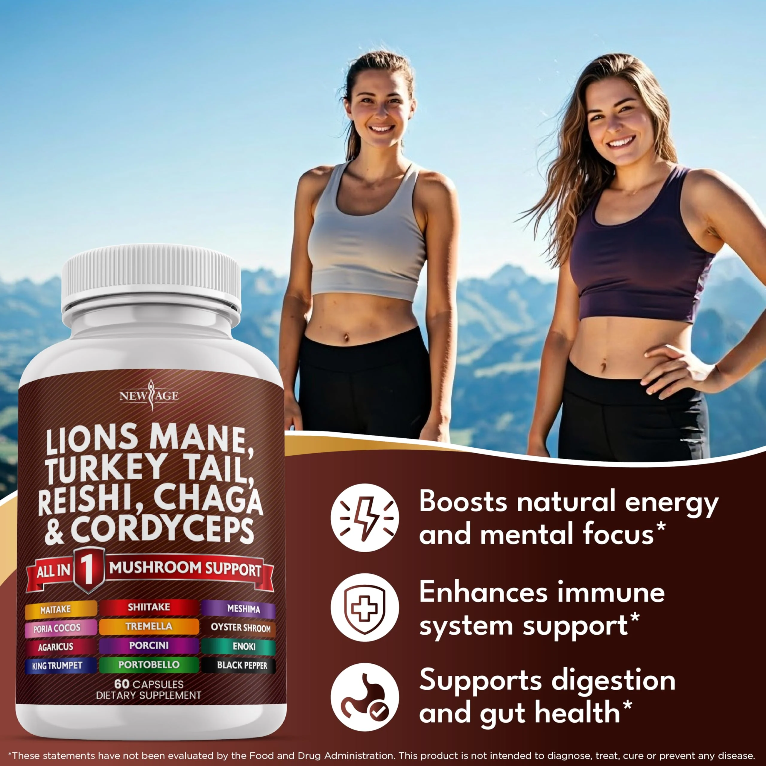 NEW AGE Lions Mane 20-in-1 Mushroom Supplement with Turkey Tail, Reishi, Chaga, Cordyceps, Marshmallow Root – 180 Count - Image 3