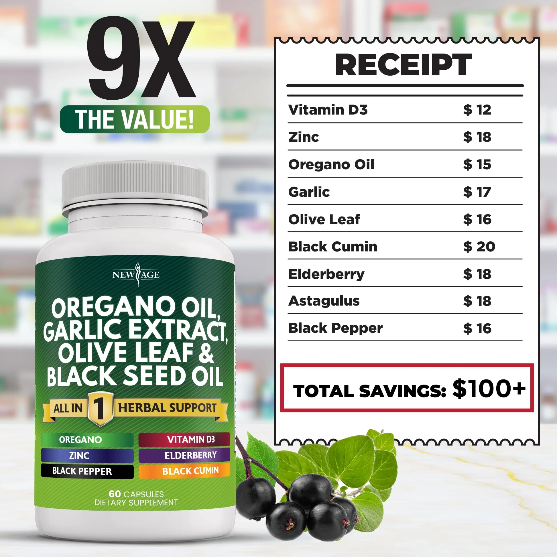 NEW AGE Oregano Oil Garlic Extract Olive Leaf with Astragalus – 180 Count for Men & Women - Image 2