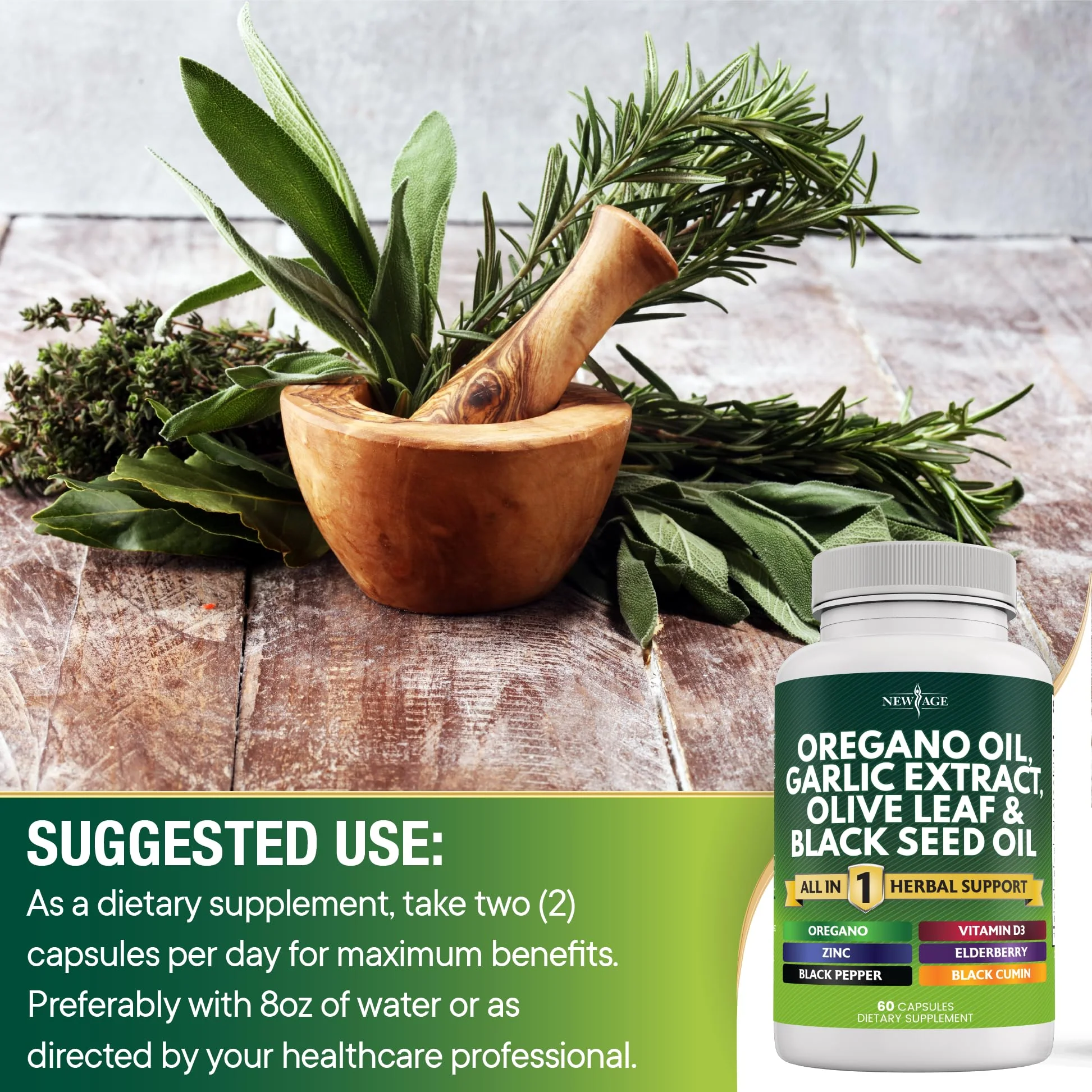 NEW AGE Oregano Oil Garlic Extract Olive Leaf with Astragalus – 180 Count for Men & Women - Image 5