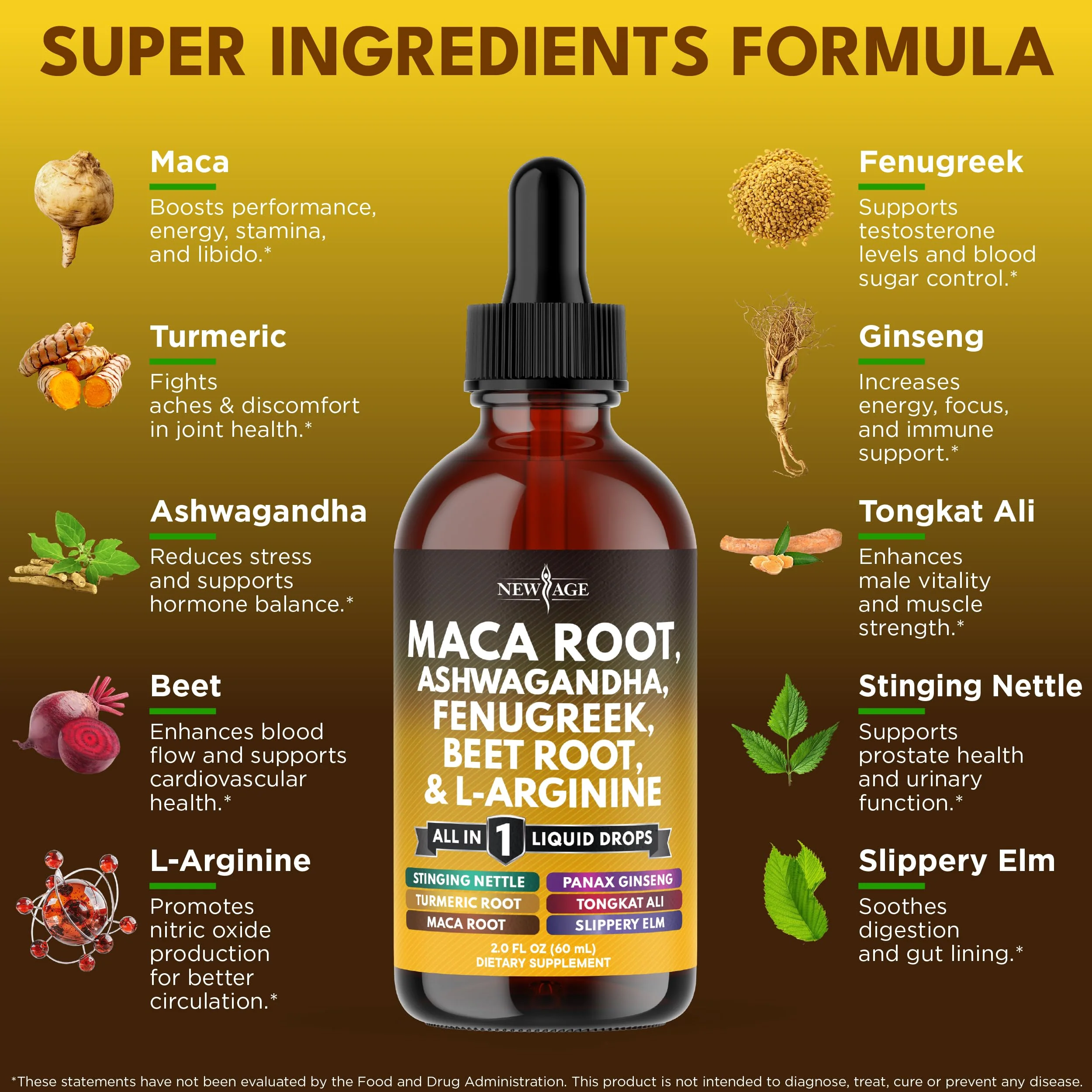 NEW AGE Organic Maca Root Liquid Drops with Ashwagandha, Nettle, Fenugreek, Beet Root & L-Arginine – 8oz - Image 2