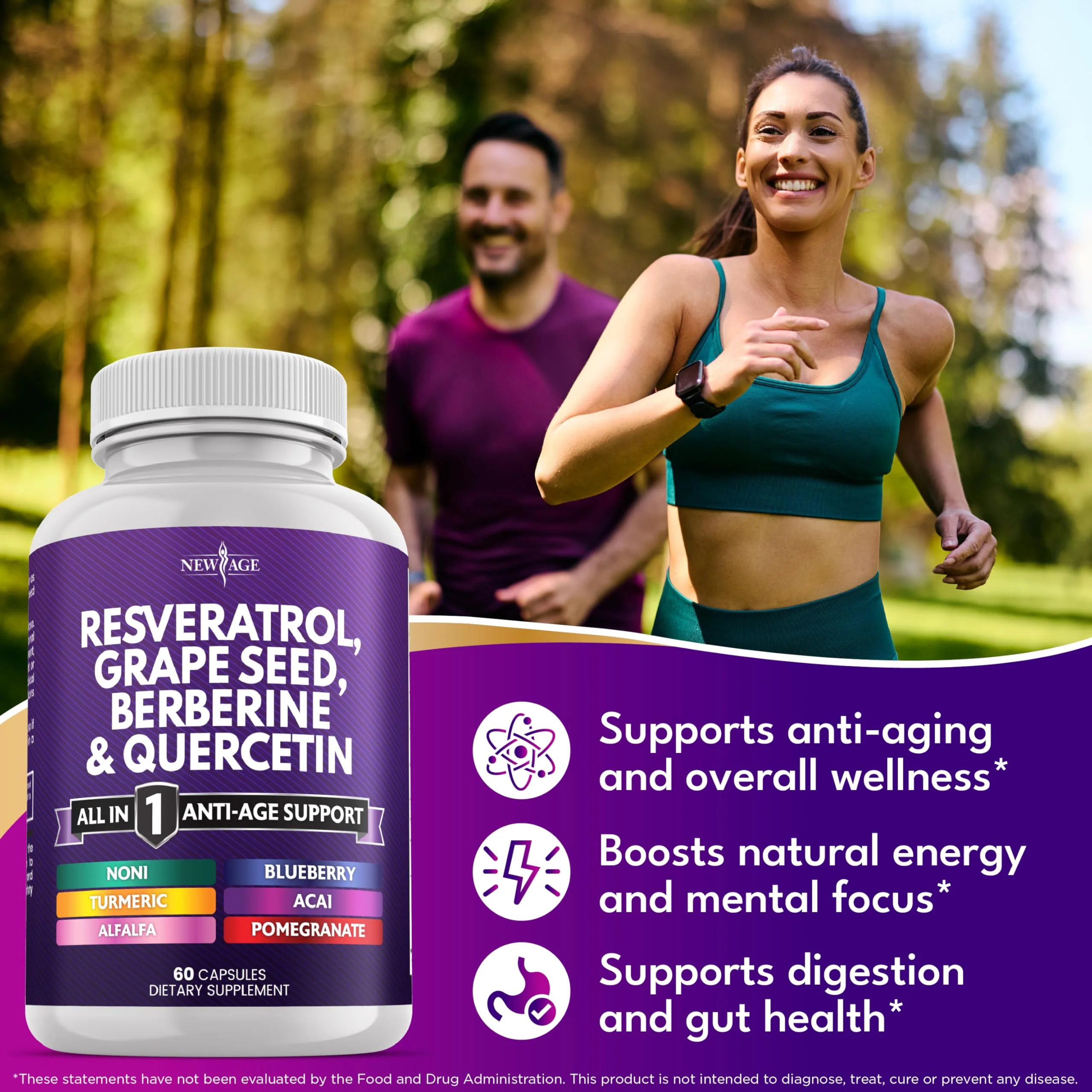 NEW AGE Resveratrol Berberine Grape Seed Polyphenol Supplement – 120 Capsules (Women & Men) with Noni, NAC & Acai - Image 3