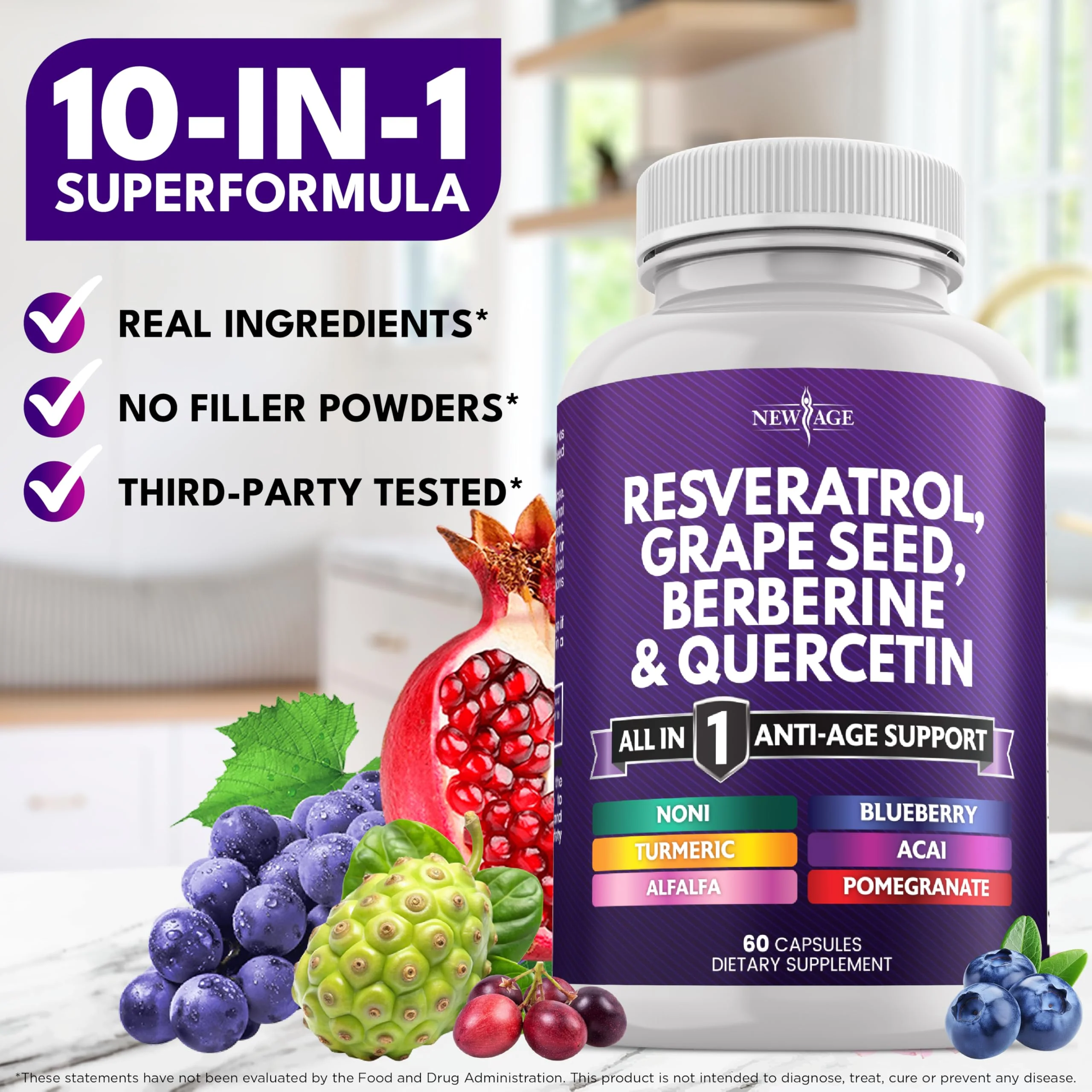 NEW AGE Resveratrol Berberine Grape Seed Polyphenol Supplement – 120 Capsules (Women & Men) with Noni, NAC & Acai - Image 7