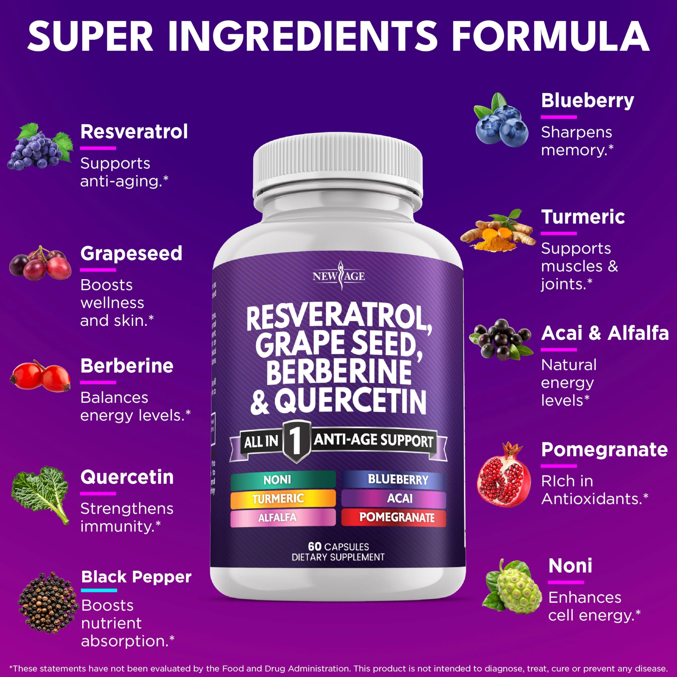 NEW AGE Resveratrol Berberine Grape Seed Quercetin Polyphenol Supplement – 180 Capsules - Image 2